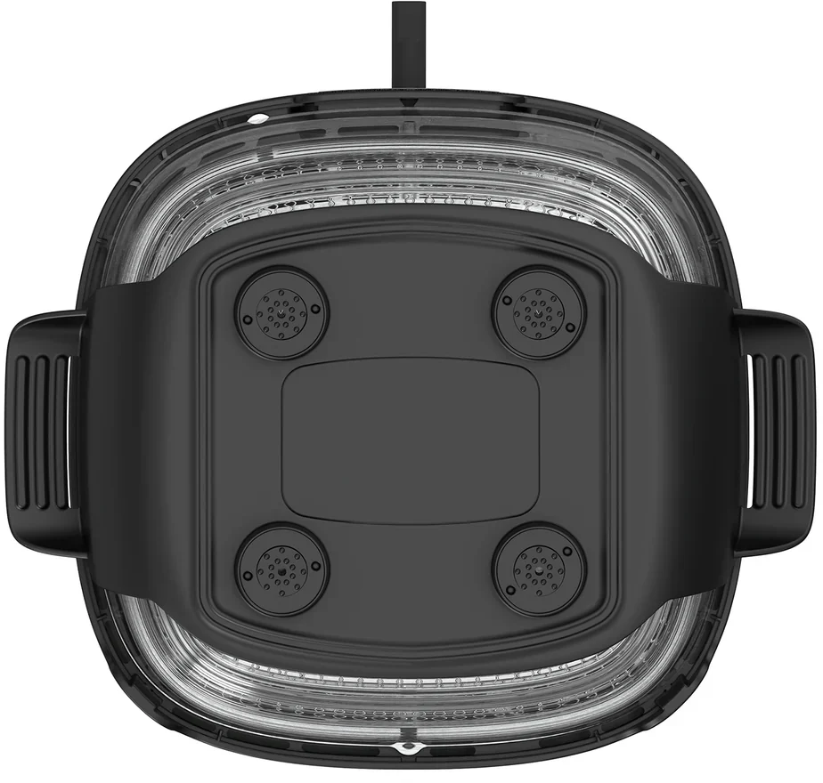 Oberansicht eines schwarzen Airfryers mit transparentem Gehäuse und Griffen.