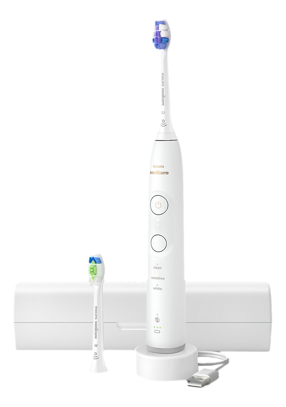 Un set di spazzolino elettrico Philips Sonicare bianco con base di ricarica, testina e cavo.