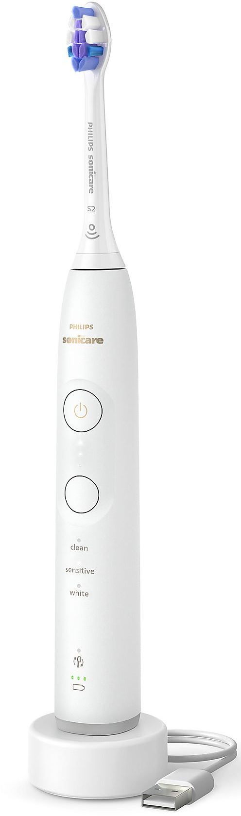 Spazzolino elettrico bianco con setole blu e viola su base di ricarica.