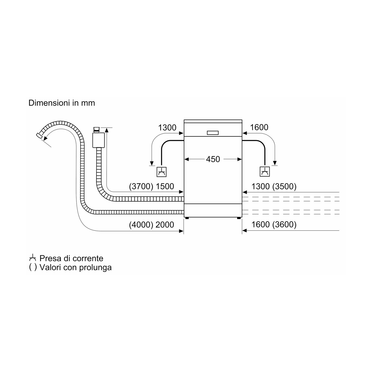 Disegno tecnico con dimensioni in mm per un elettrodomestico, con tubi e connessioni.
