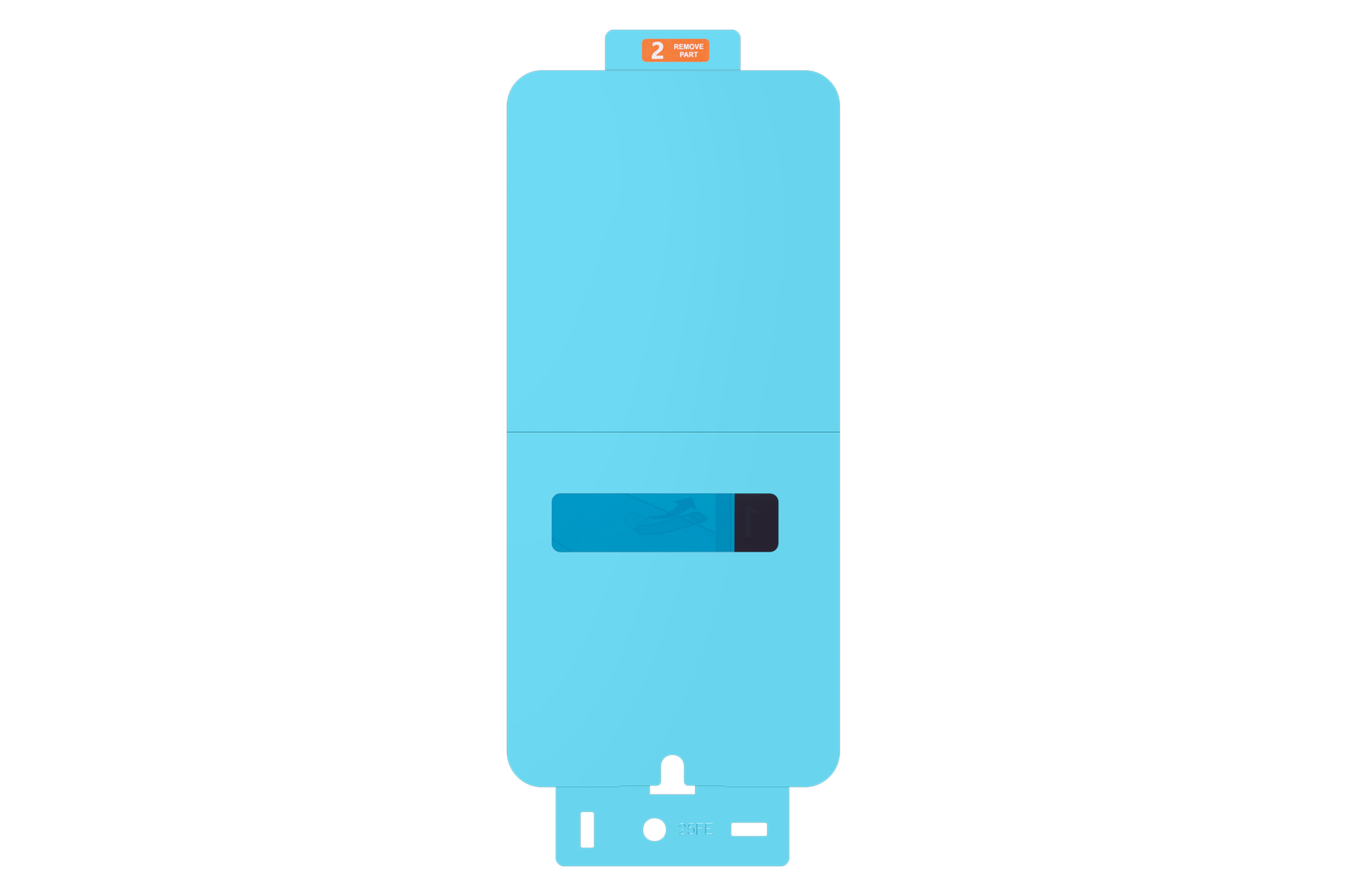 Jasnoniebieski dozownik z pomarańczową etykietą '2 REMOVE PART' na górze.