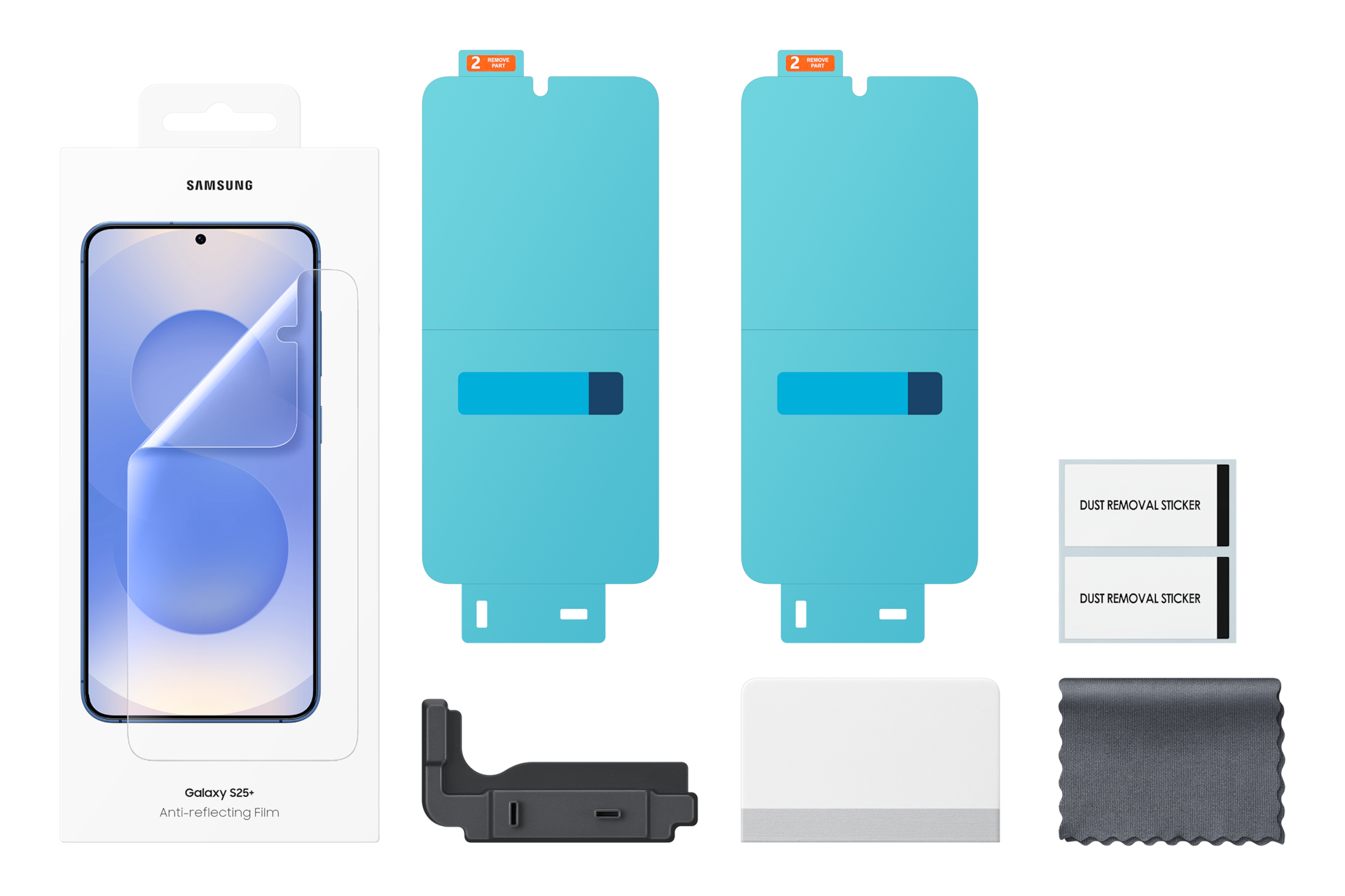 Zestaw folii ochronnych Samsung Galaxy S25+ z akcesoriami na czarnym tle.