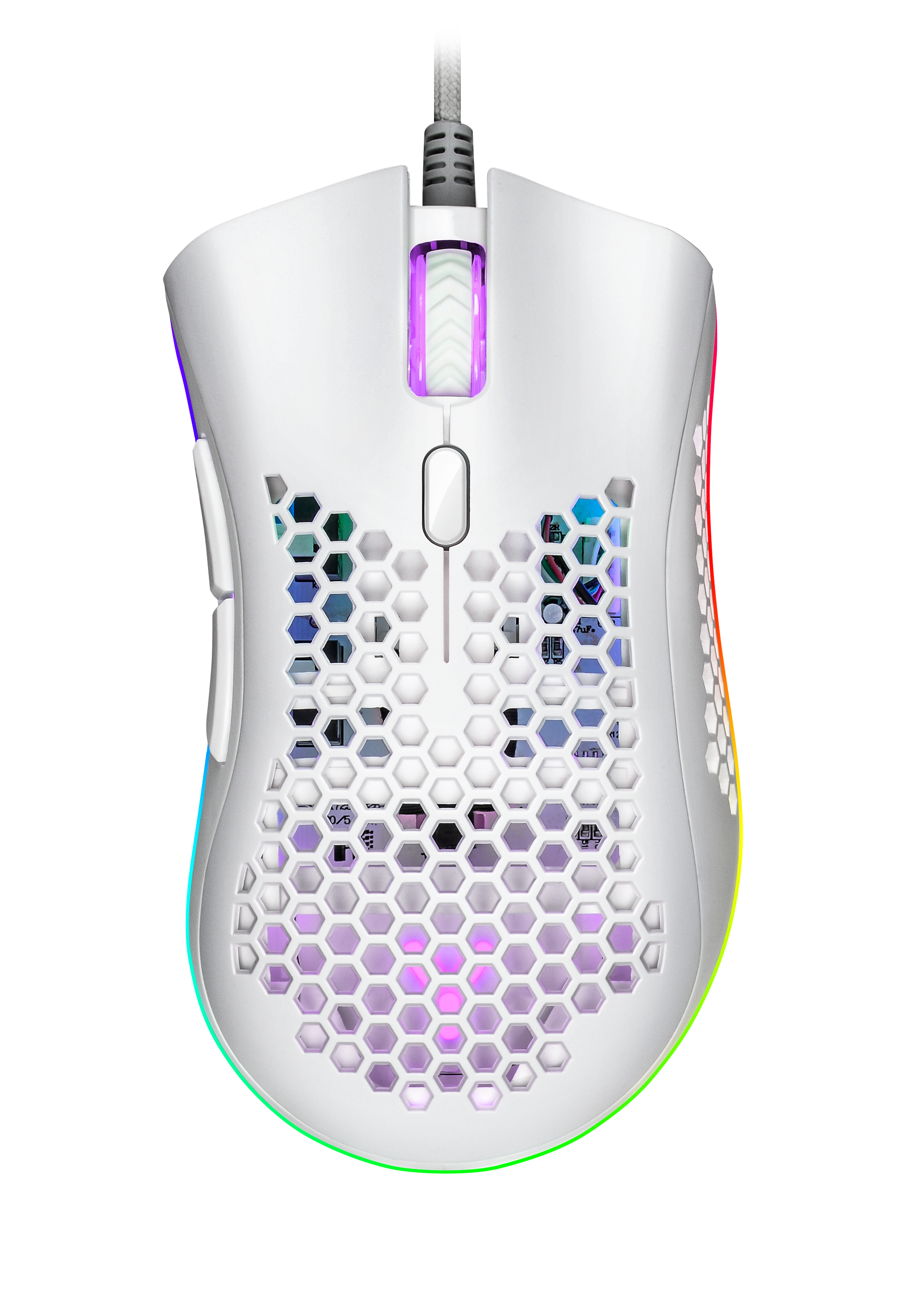 Biała mysz gamingowa z wzorem plastra miodu i oświetleniem RGB.