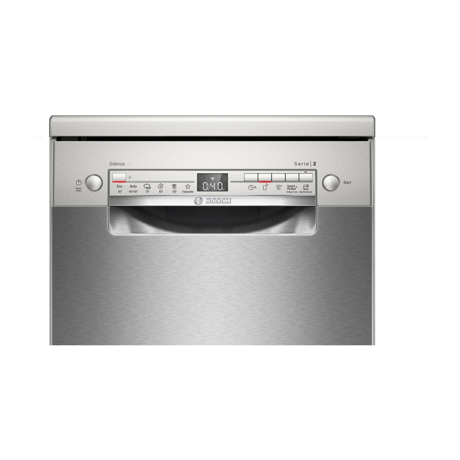 Pannello di controllo lavastoviglie in acciaio inox con display digitale e pulsanti.