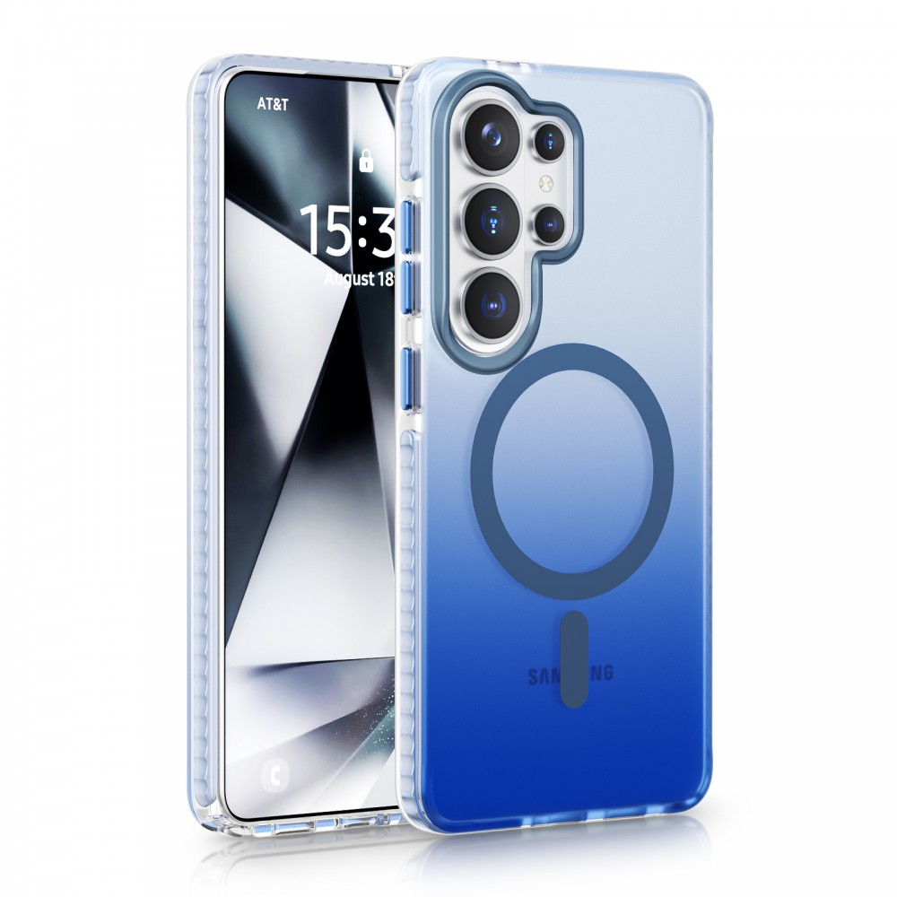 Átlátszó telefontok kék színátmenettel és mágnesgyűrűvel.