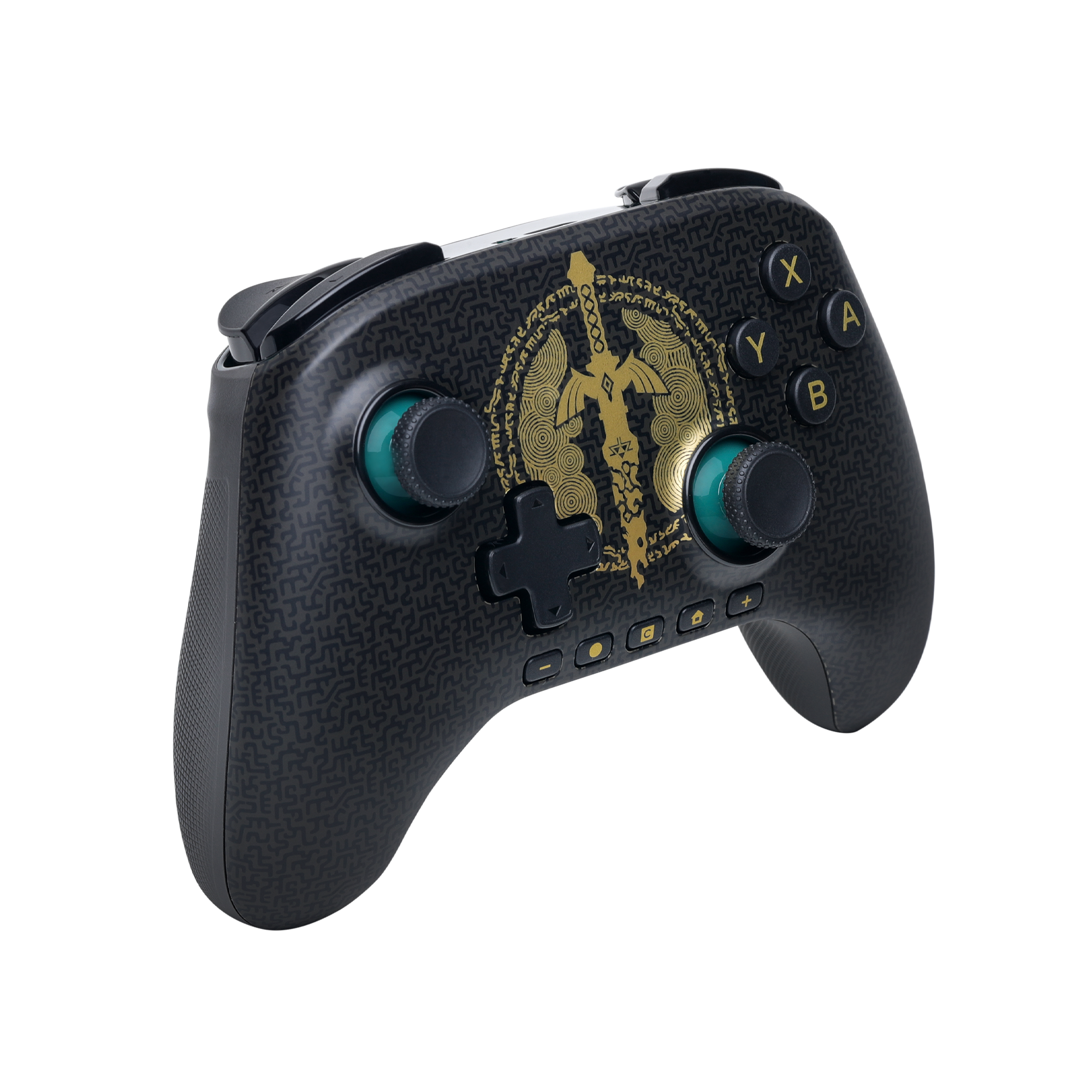 Schwarzer Controller mit goldener Triforce-Grafik und türkisen Akzenten.