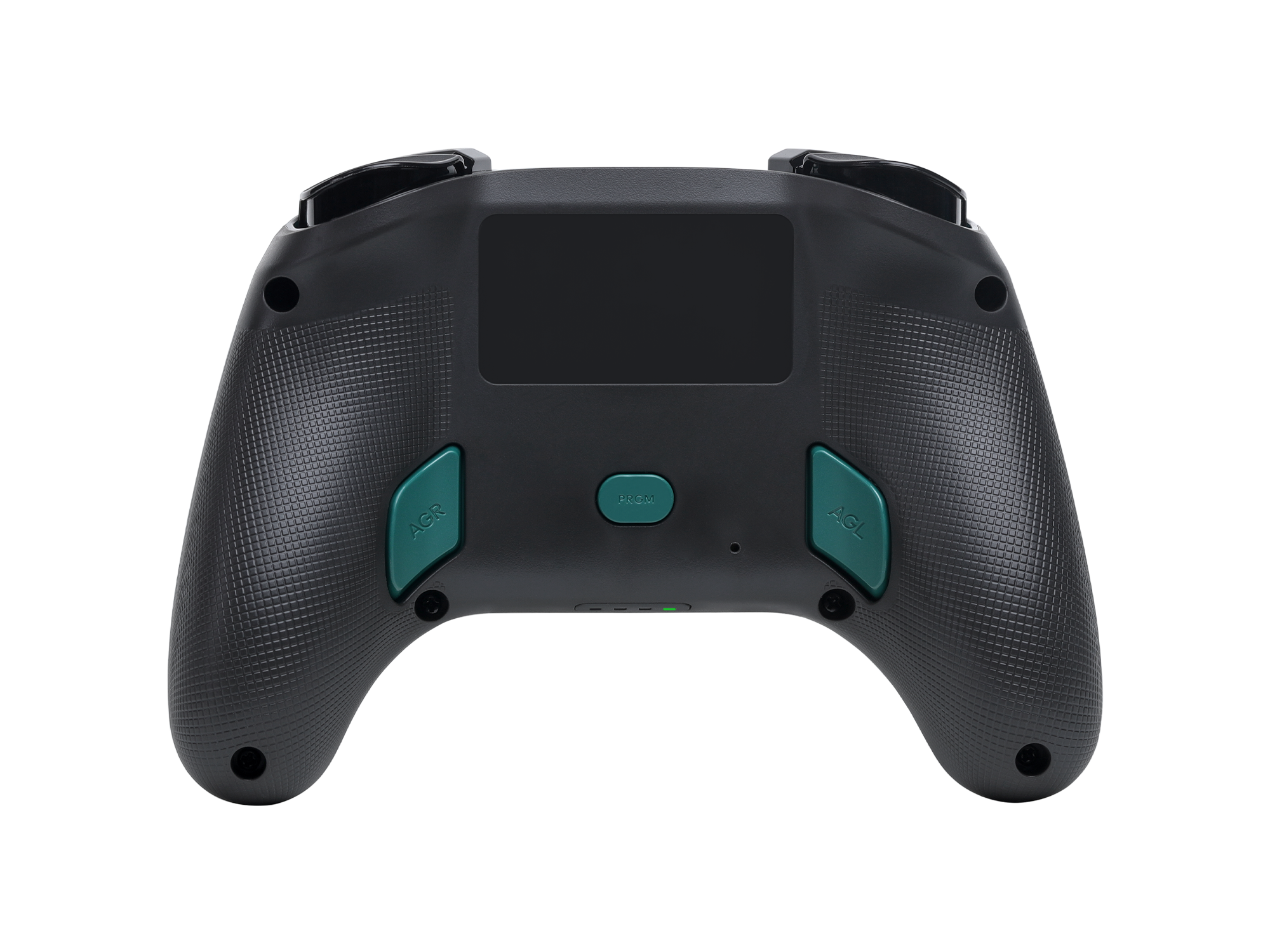 Rückseite eines dunklen Controllers mit grünen Akzenten und gummiertem Griff.