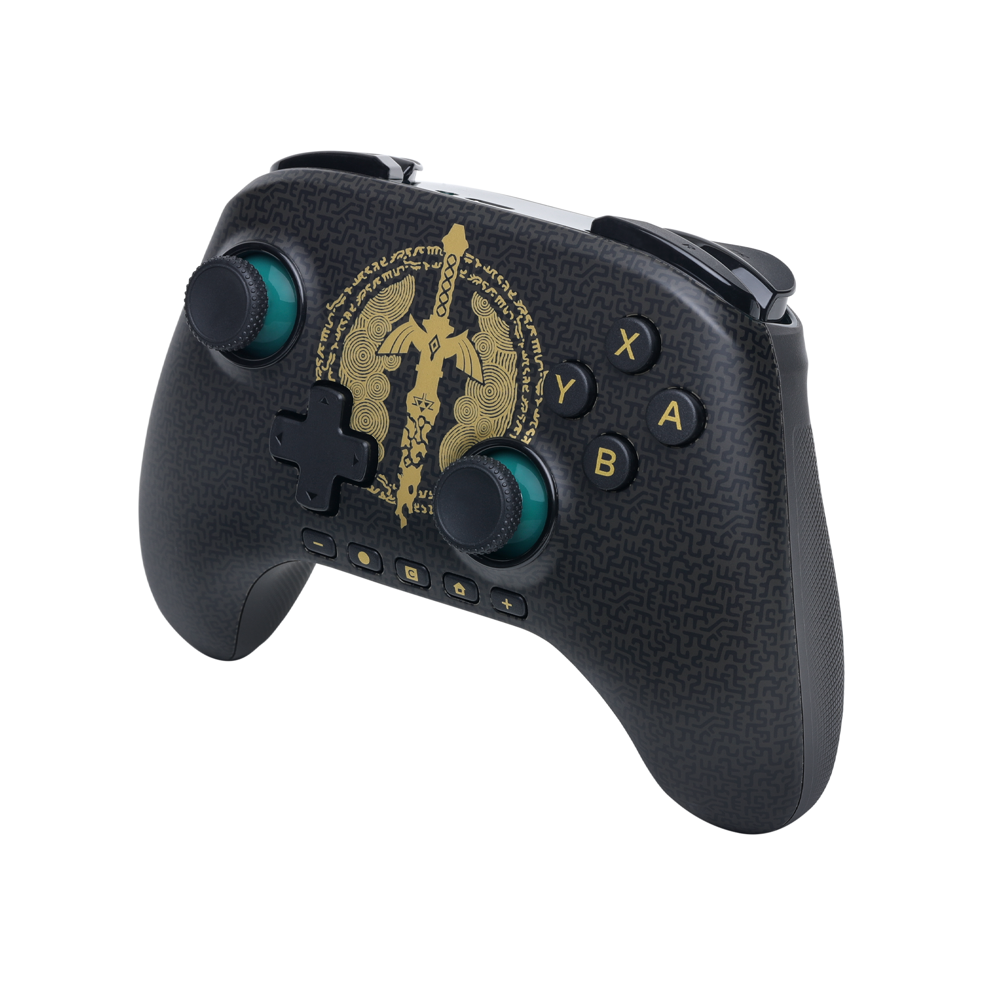 Schwarzer Controller mit goldenem Schwert-Symbol und Mustern. Grüne Akzente.