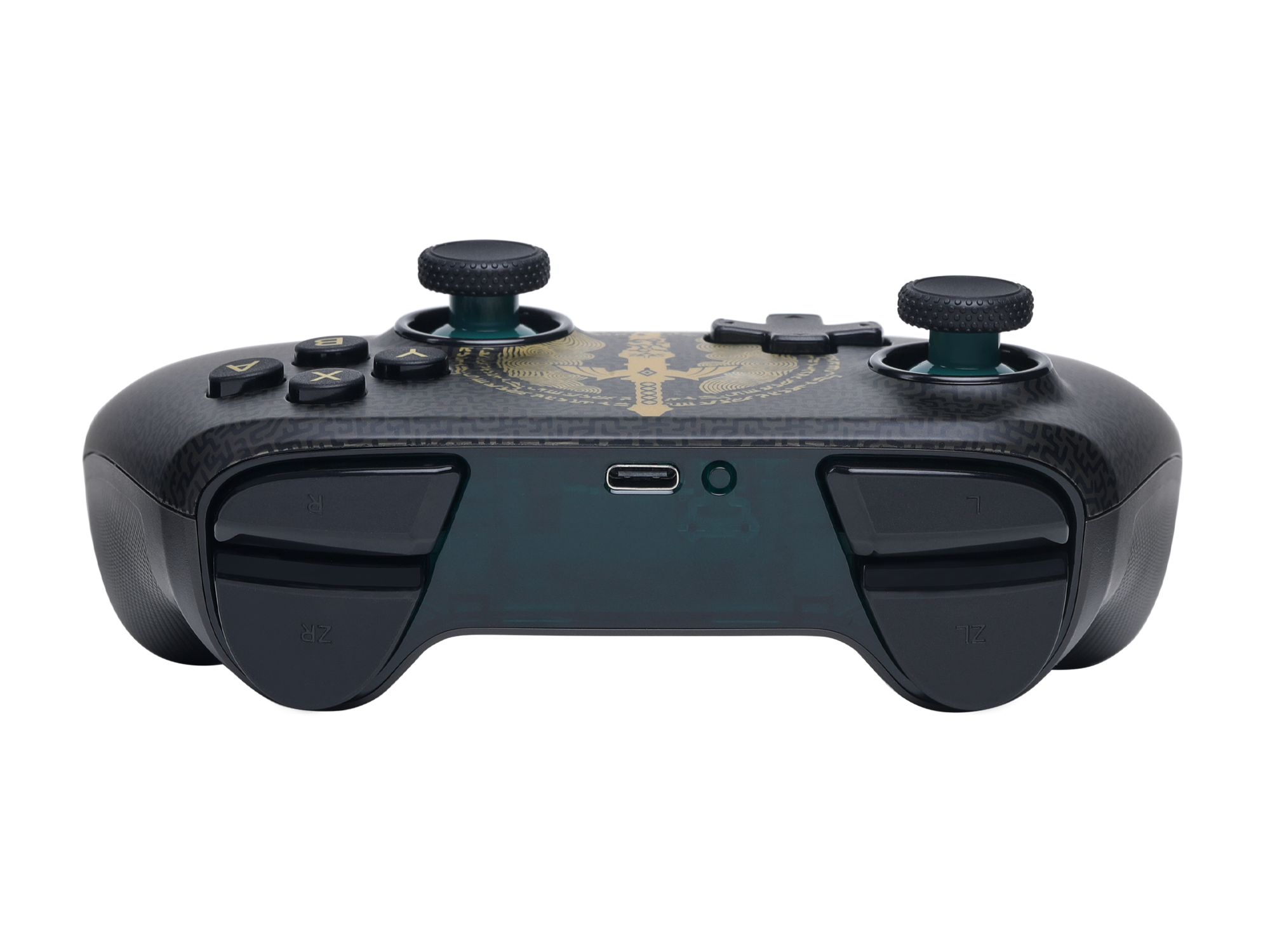 Ein schwarzer Gamecontroller mit grünen Akzenten und goldenem Muster.