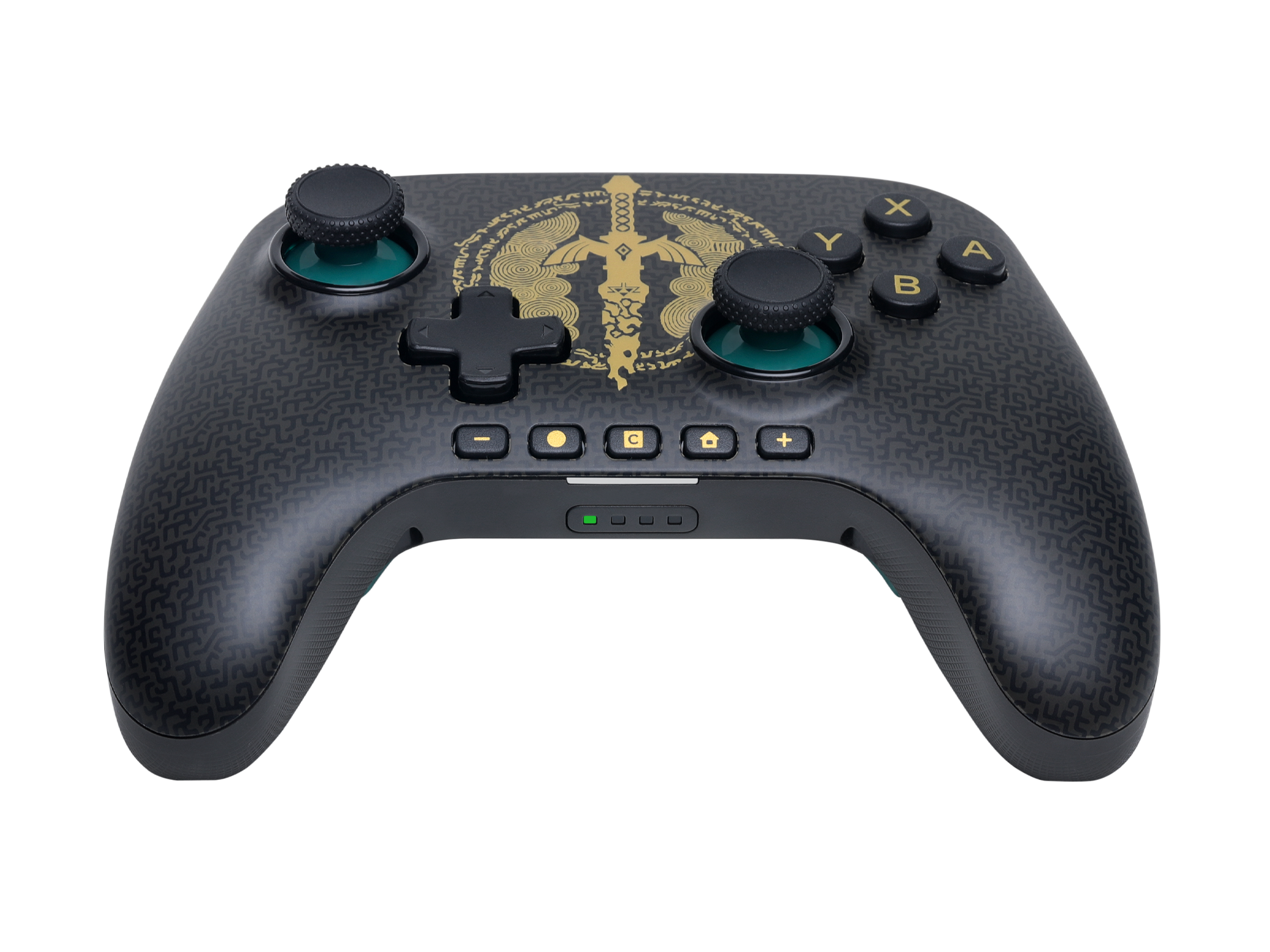 Schwarzer Controller mit Muster, Hylian-Schwert-Symbol und grünen Akzenten.