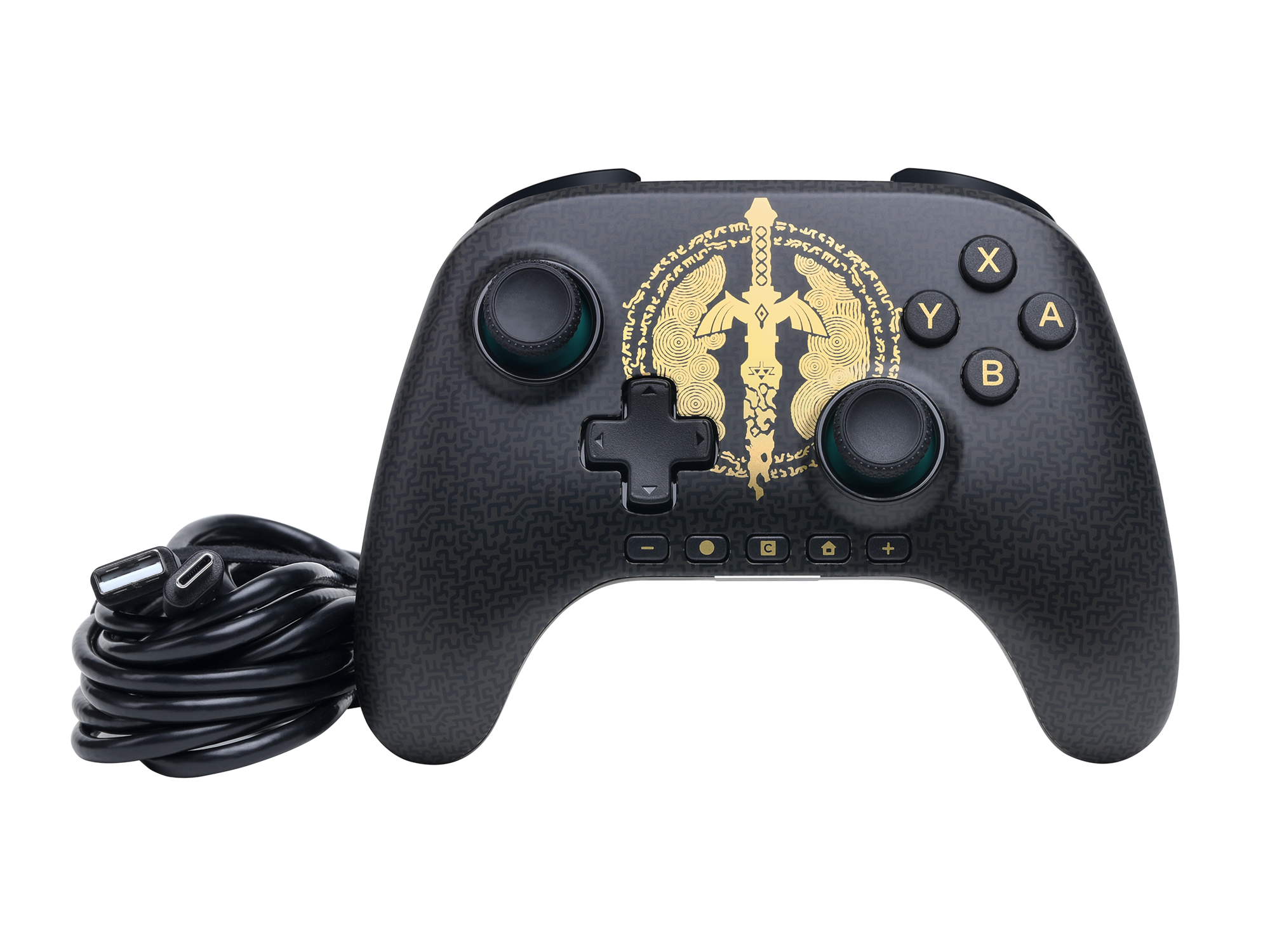 Schwarzer Controller mit goldenem Muster und Schwert-Symbol, schwarzes Kabel.