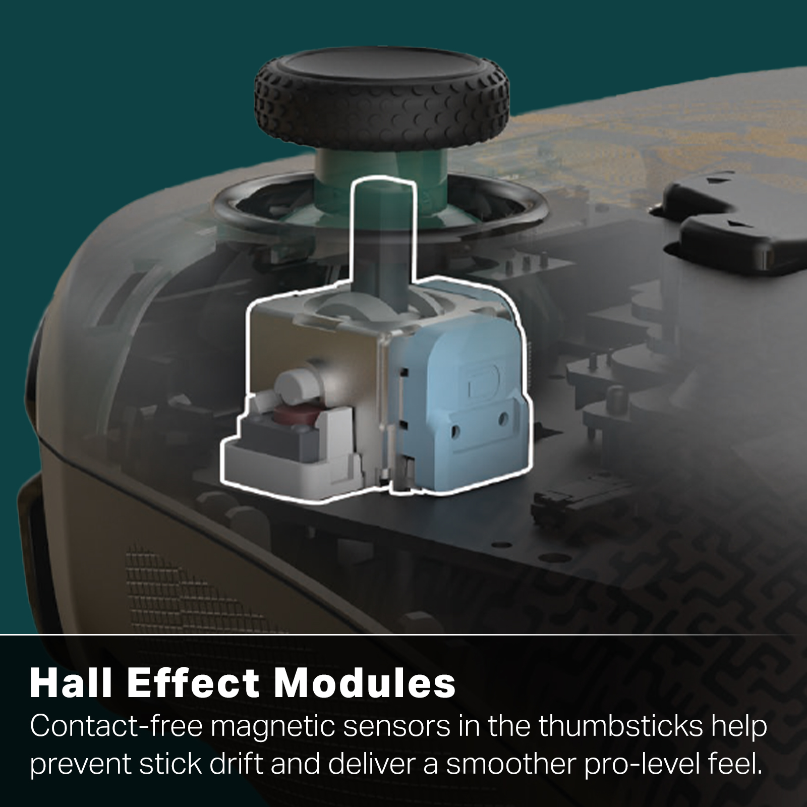 Nahaufnahme eines Controllers mit Hall-Effekt-Modulen, die kontaktlose magnetische Sensoren zeigen.
