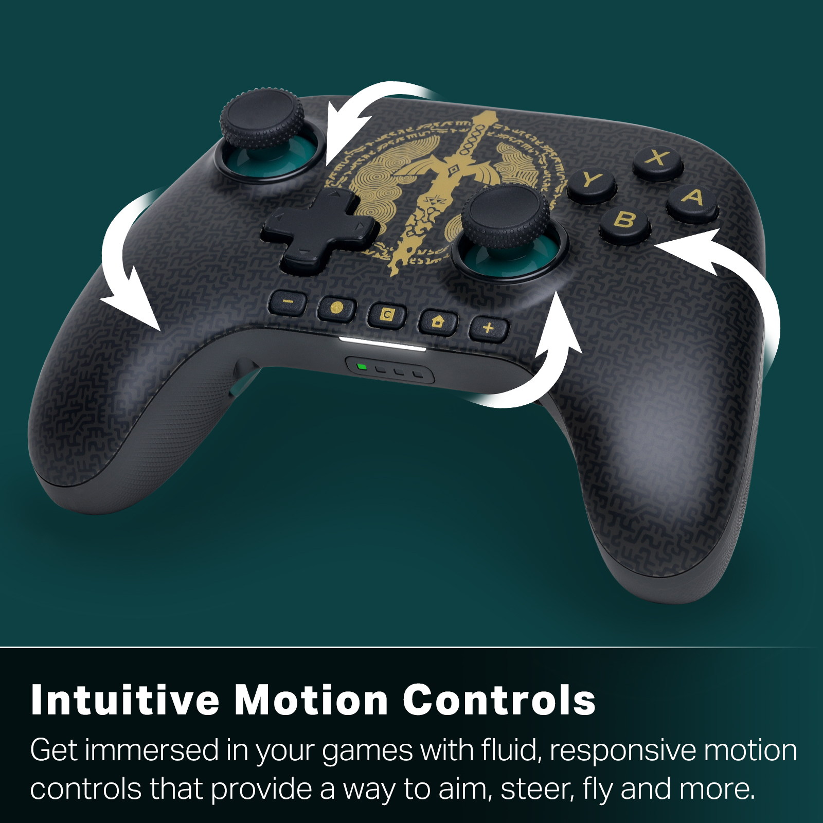 Schwarzer Controller mit goldenem Triforce-Symbol und Pfeilen, die Bewegung anzeigen.