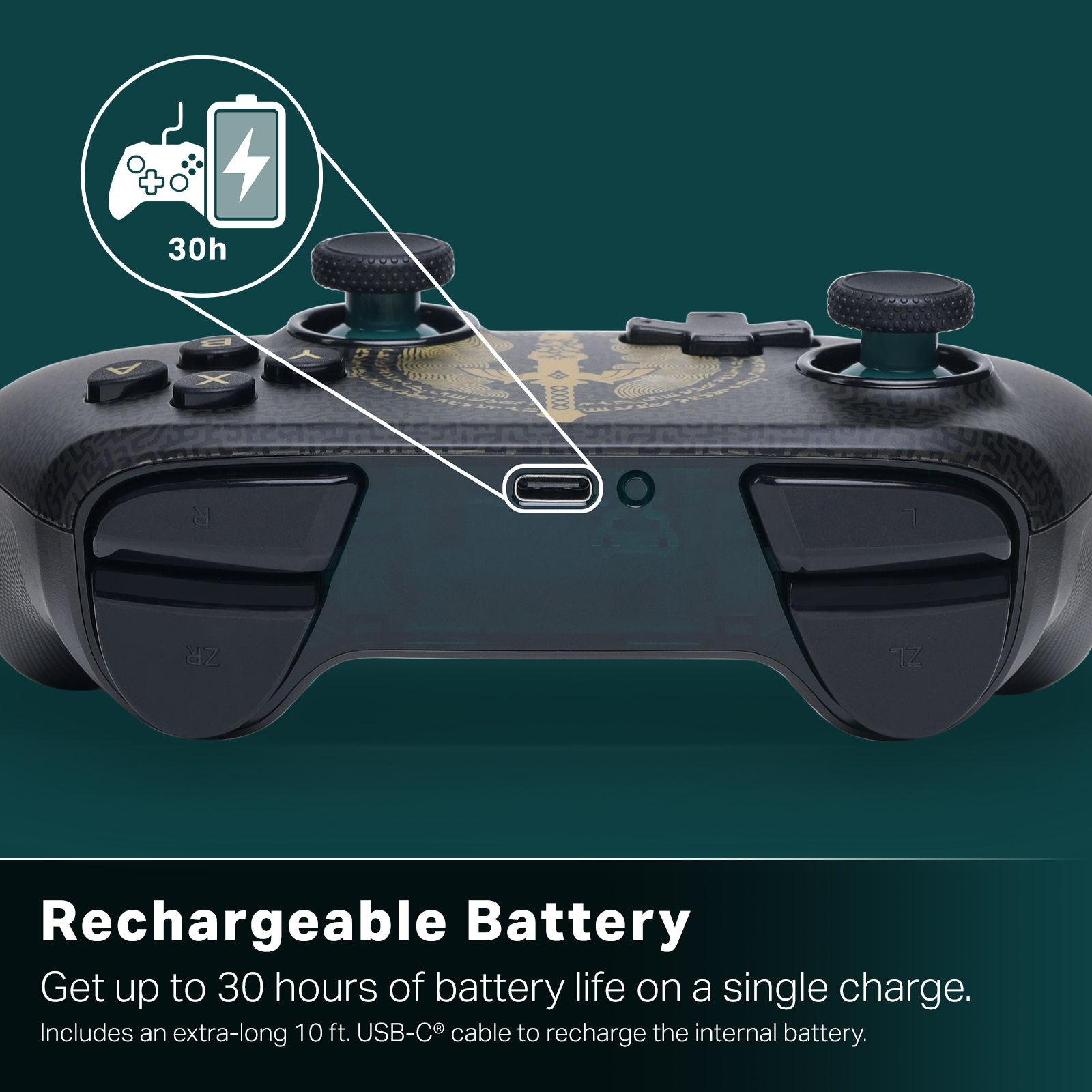 Ein schwarzer Controller mit goldenem Muster und USB-C-Anschluss. Akku-Symbol zeigt 30h.