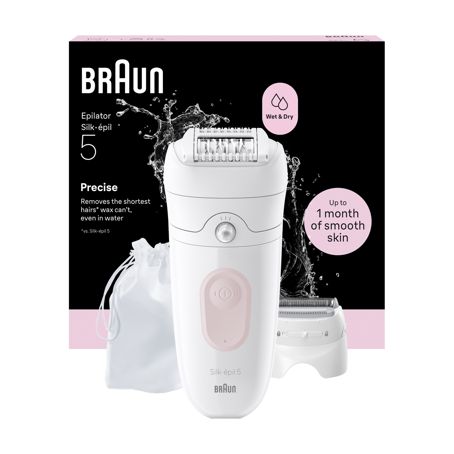 Un epilatore Braun Silk-épil 5 bianco con accessorio e pochette.