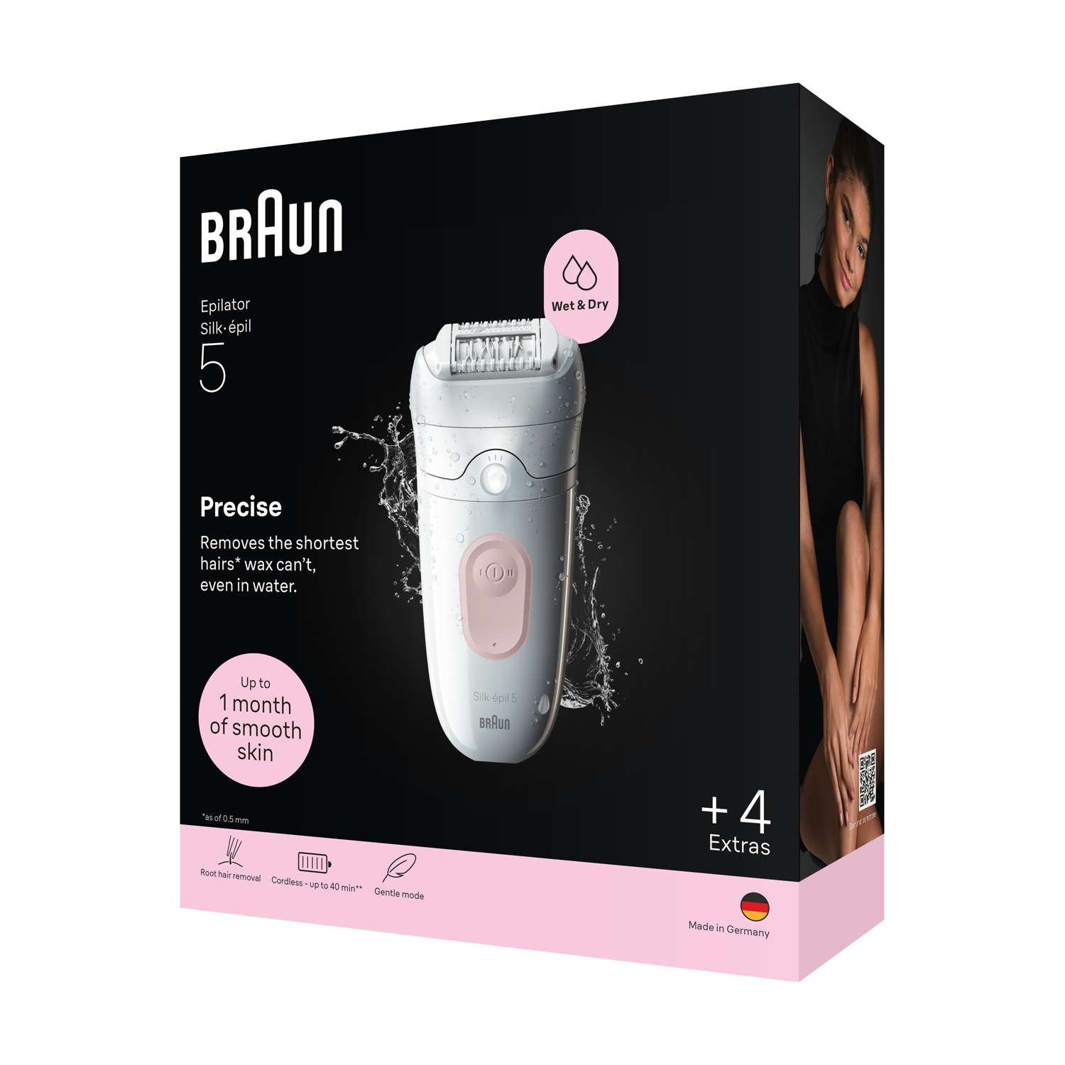 Confezione epilatore Braun Silk-épil 5 con dispositivo bianco, schizzi d'acqua e donna sul lato.