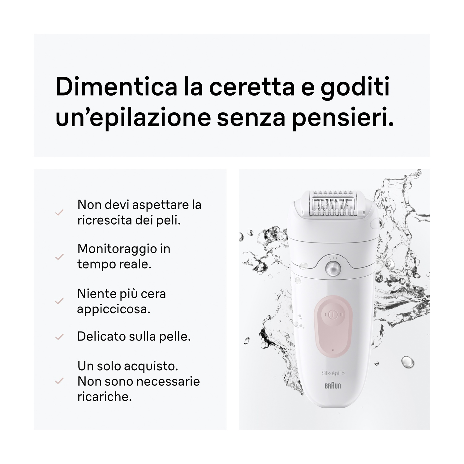 Un epilatore Braun bianco con accenti rosa, circondato da acqua.