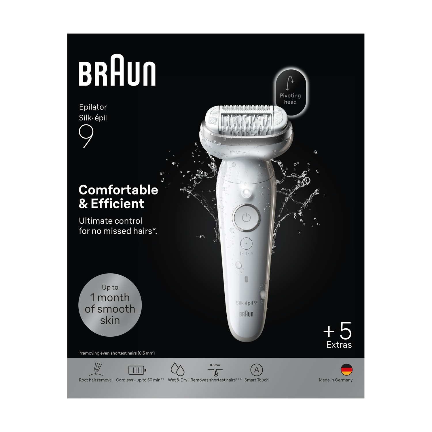 Epilatore Braun Silk-épil 9 con testina pivotante, utilizzabile a secco e umido.