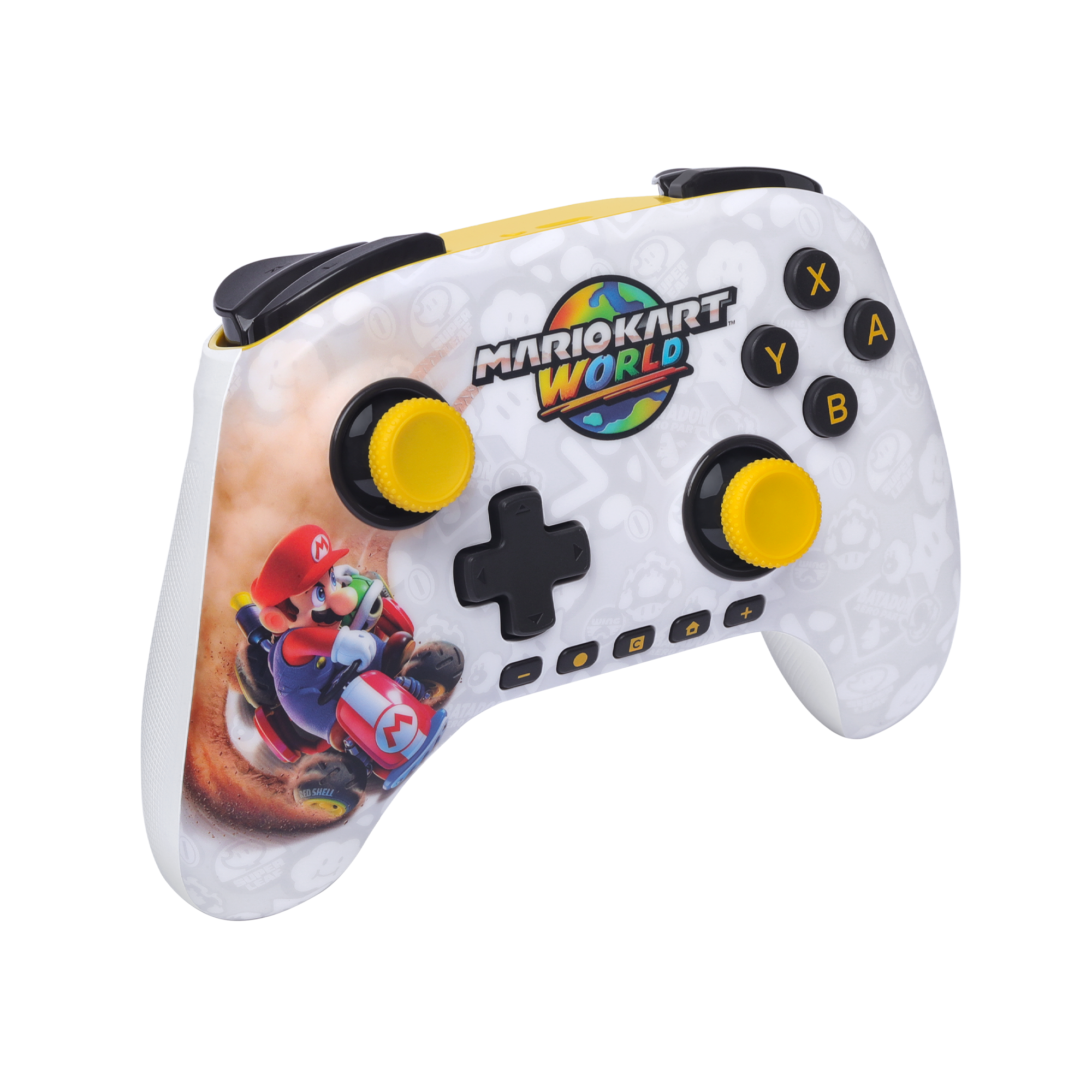 Ein weißer Controller mit Mario Kart-Motiv, Mario im Kart auf der linken Seite.