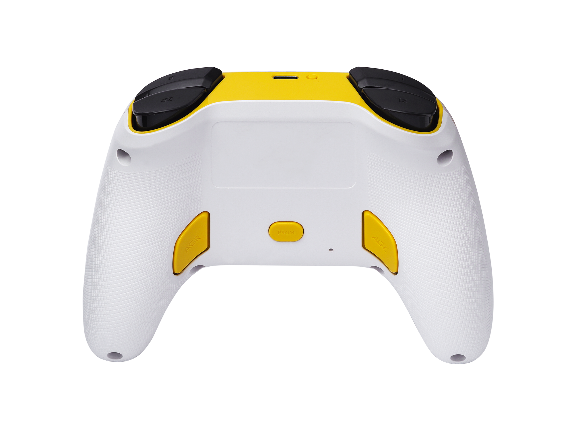 Rückseite eines weißen Controllers mit gelben Akzenten und schwarzen Knöpfen.