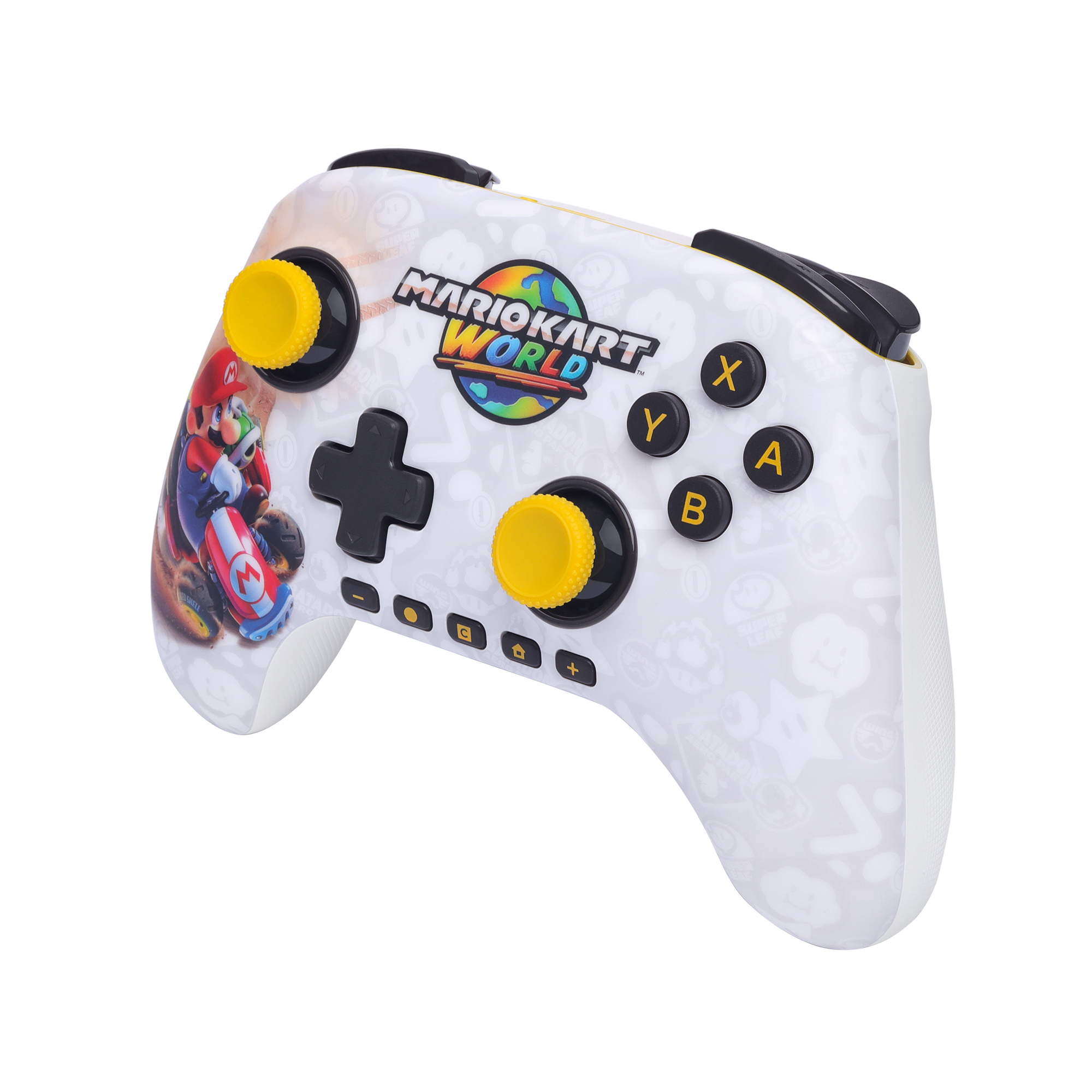 Ein weißer Nintendo Switch Pro Controller mit Mario Kart World Design und gelben Sticks.