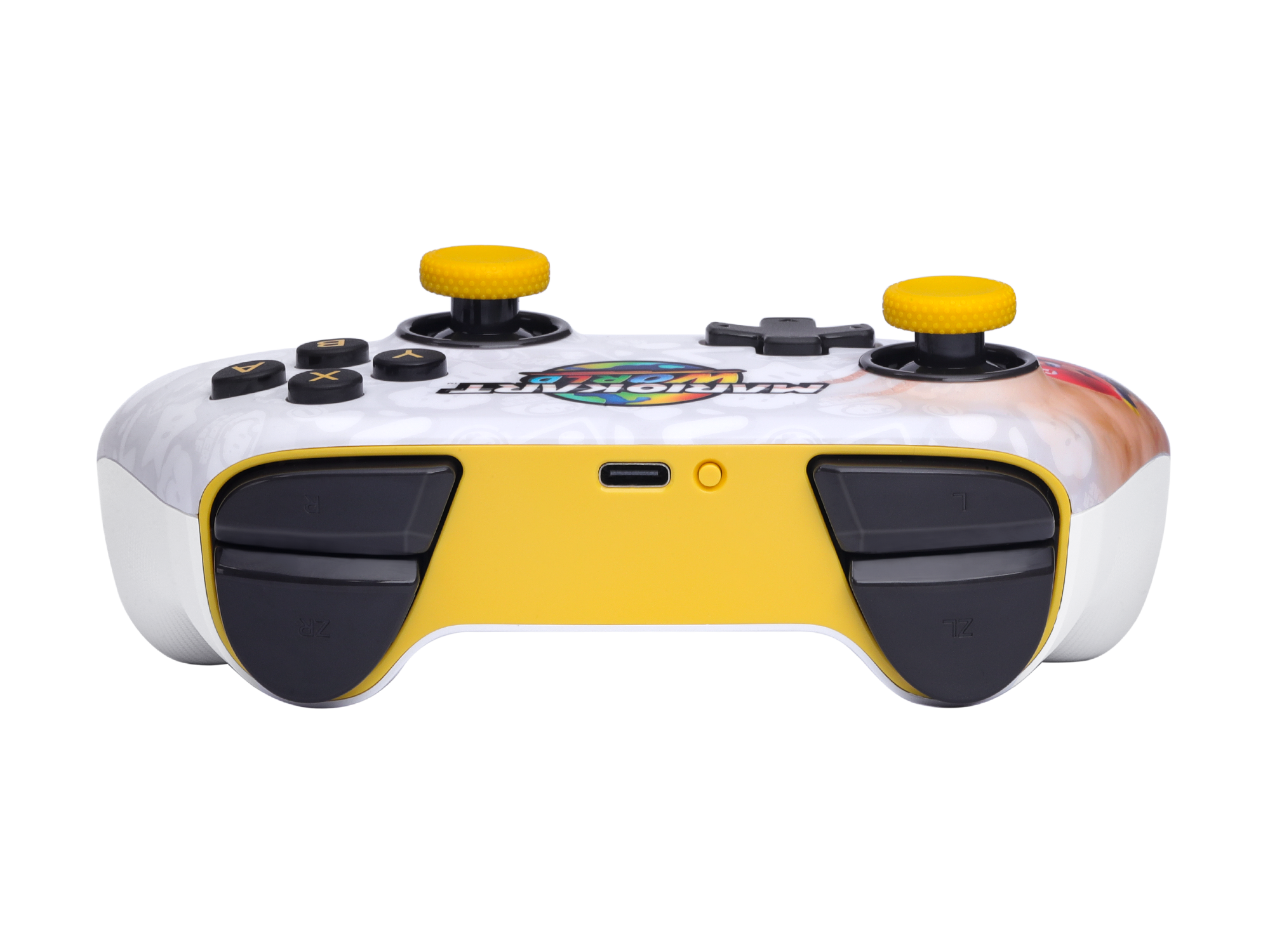 Ein weißer Controller mit gelben Joysticks und gelben Akzenten.