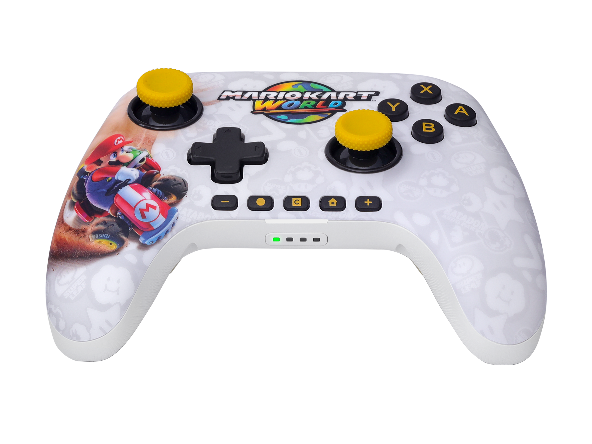 Ein weißer Controller mit Mario Kart World-Motiv und Mario auf einem Kart.