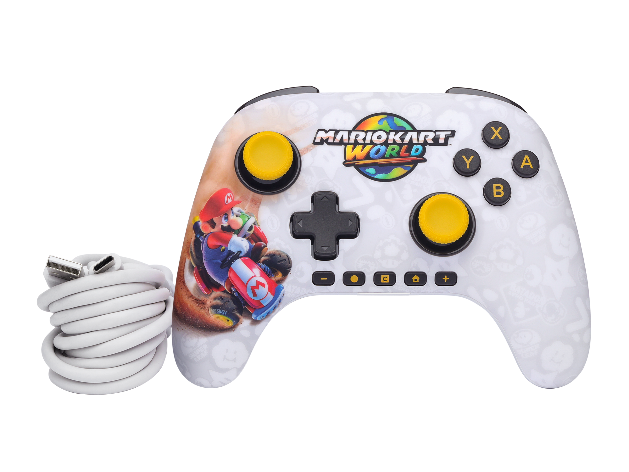 Ein weißer Mario Kart Controller mit Mario, gelben Sticks und einem USB-C-Kabel.