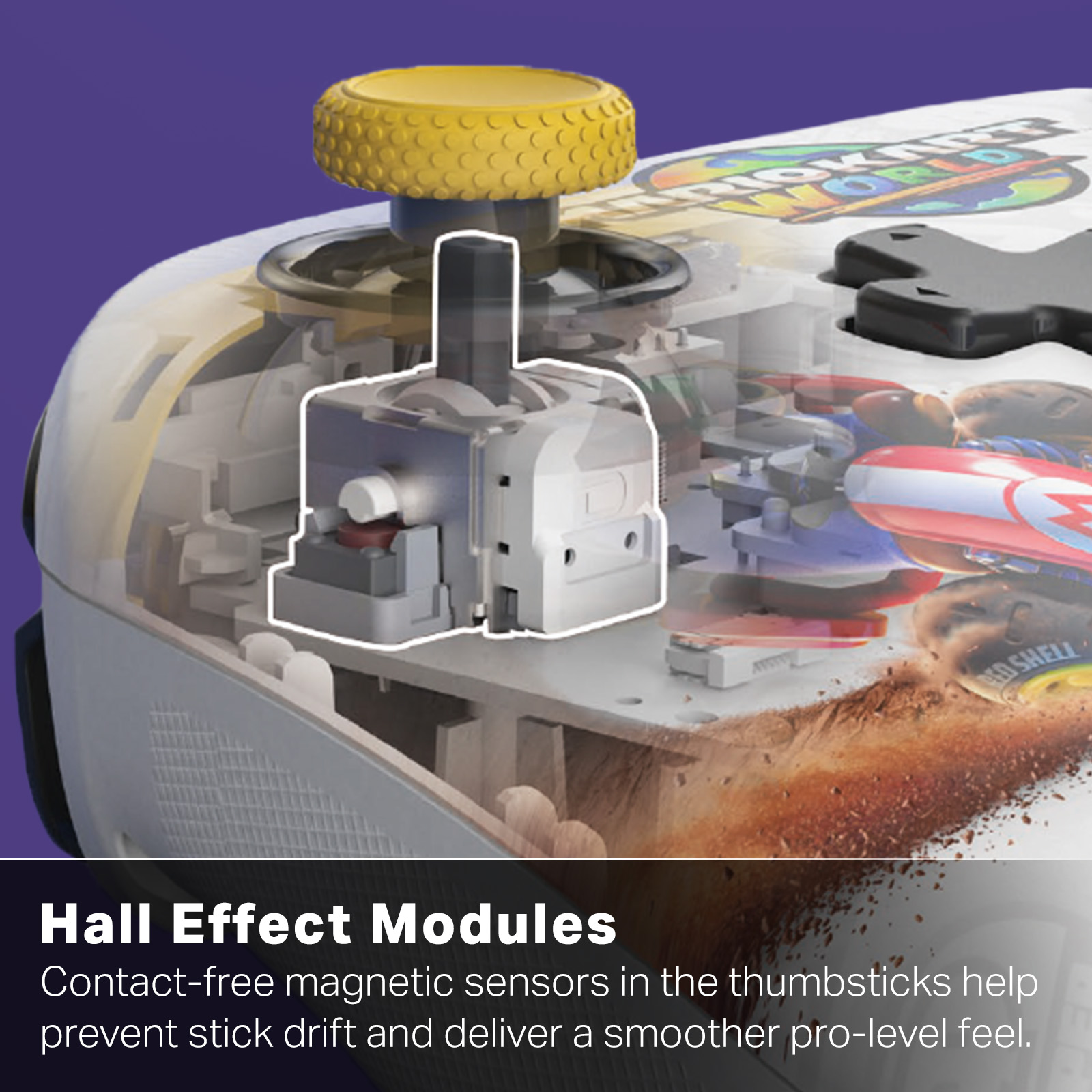 Ein durchsichtiger Controller mit gelbem Joystick und internen Hall-Effekt-Modulen.