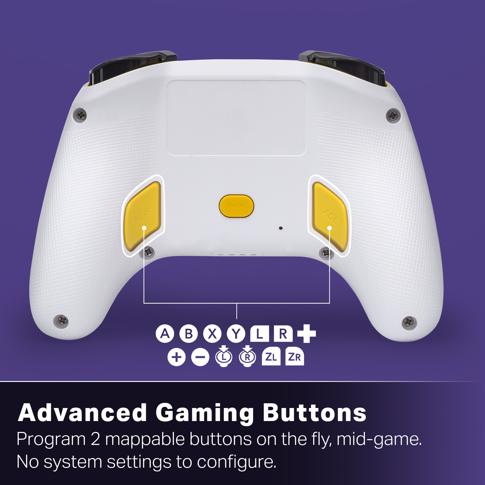 Weiße Gaming-Controller-Rückseite mit gelben Tasten und Symbolen.