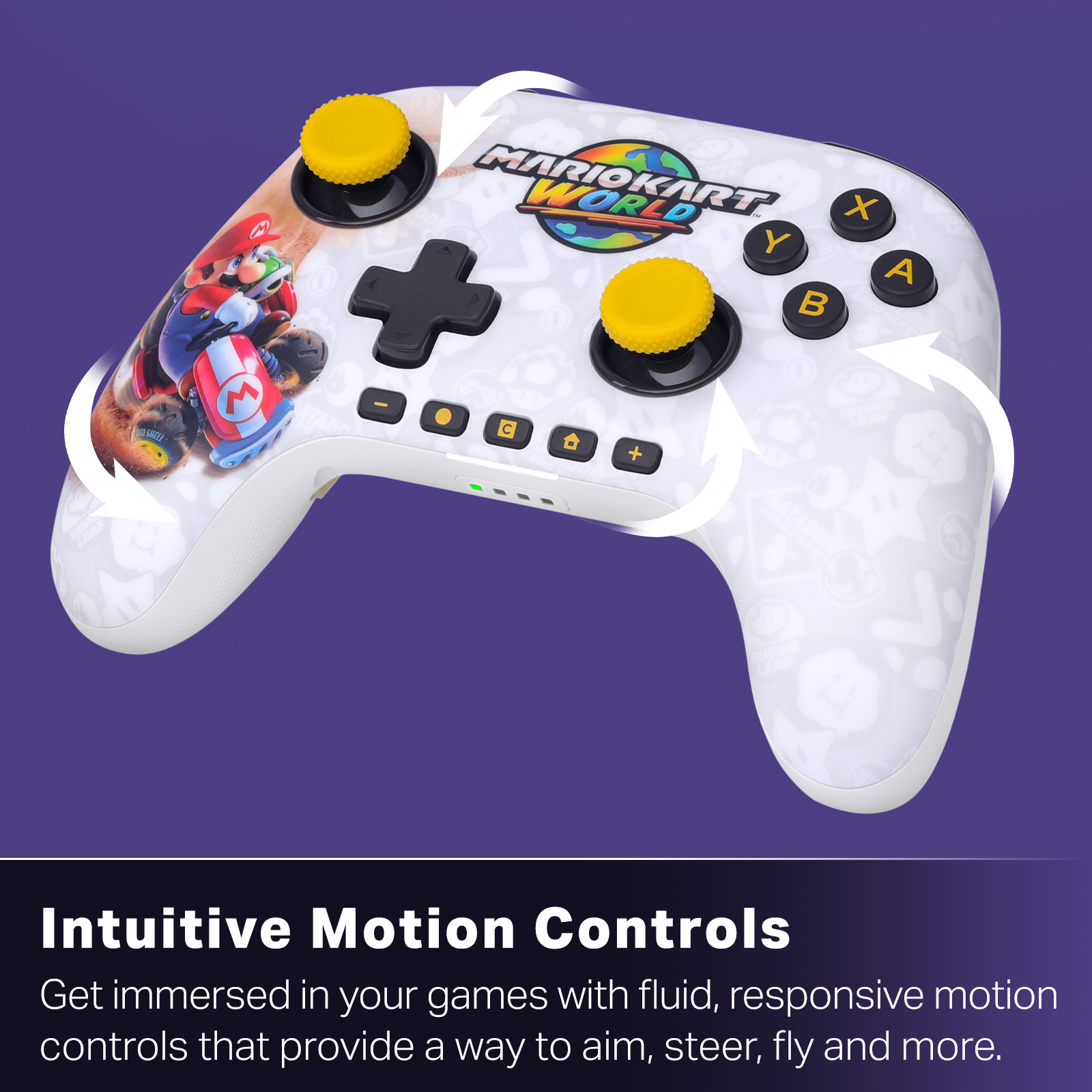 Ein weißer Mario Kart Controller mit gelben Sticks und Mario-Design.