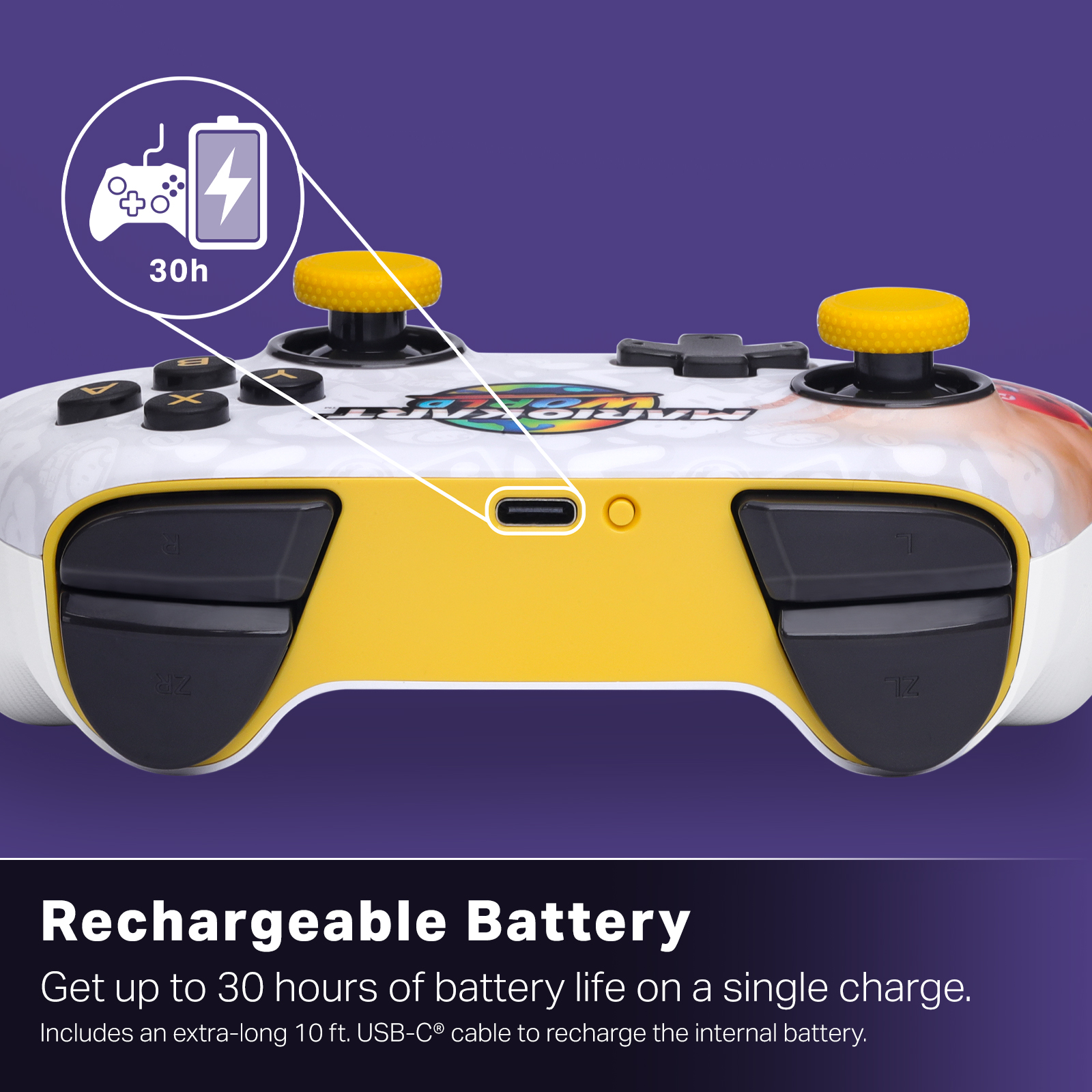 Weißer Controller mit gelben Sticks, USB-C-Anschluss und 30h Akku-Symbol.