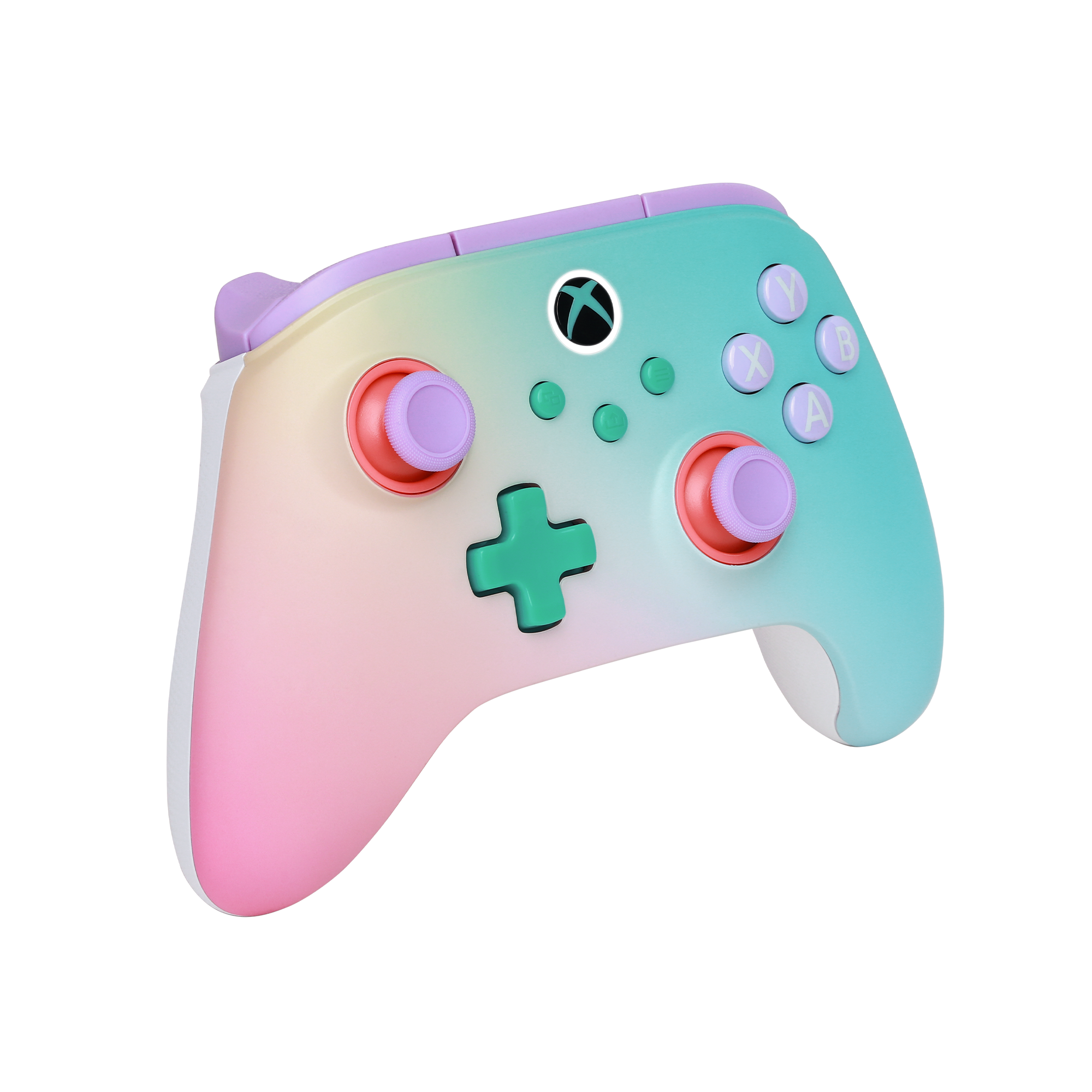Ein pastellfarbener Xbox-Controller mit Farbverlauf von Pink zu Türkis.