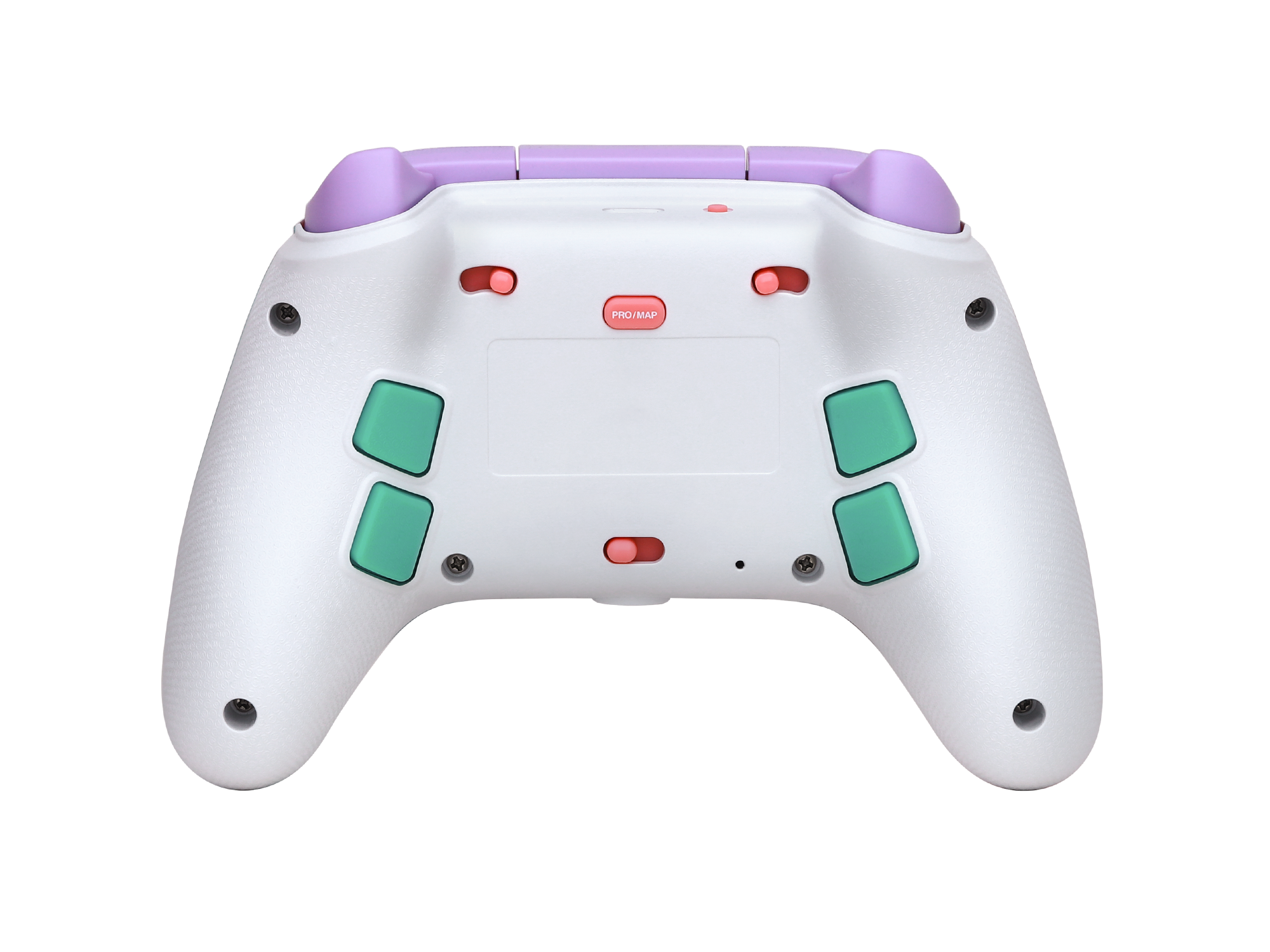 Die Rückseite eines weißen Controllers mit lila Akzenten und grünen Tasten.