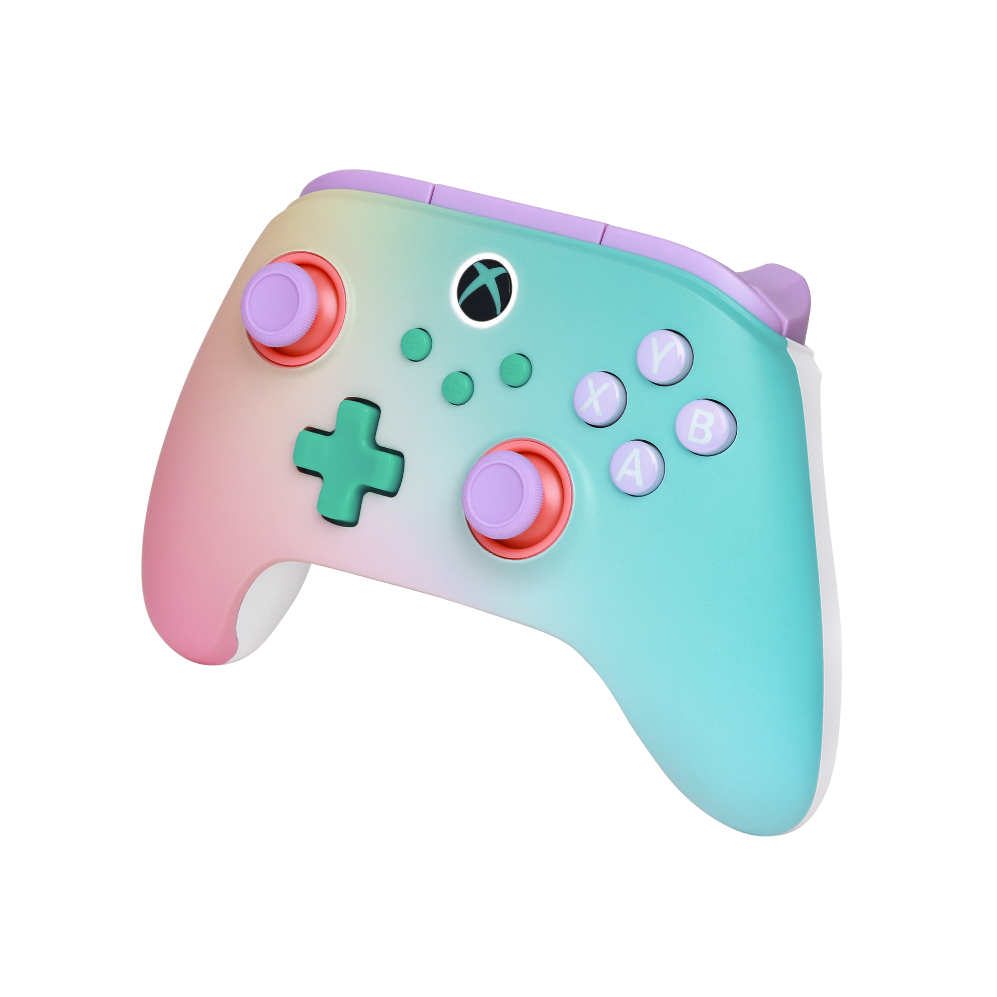 Ein Xbox-Controller mit Regenbogenfarben und lila Akzenten.