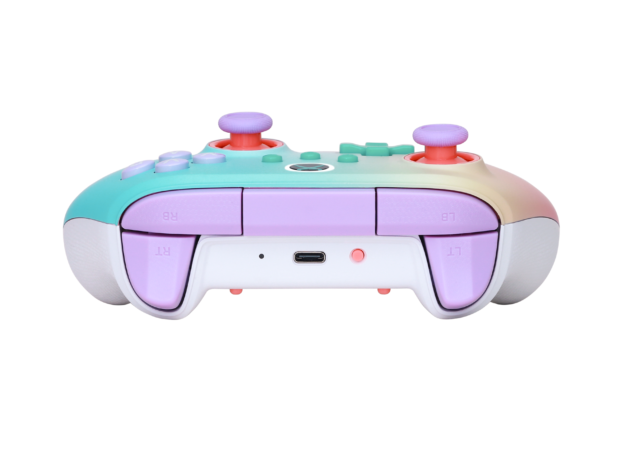 Ein farbenfroher Controller mit Pastelltönen und schwarzen Hintergrund.