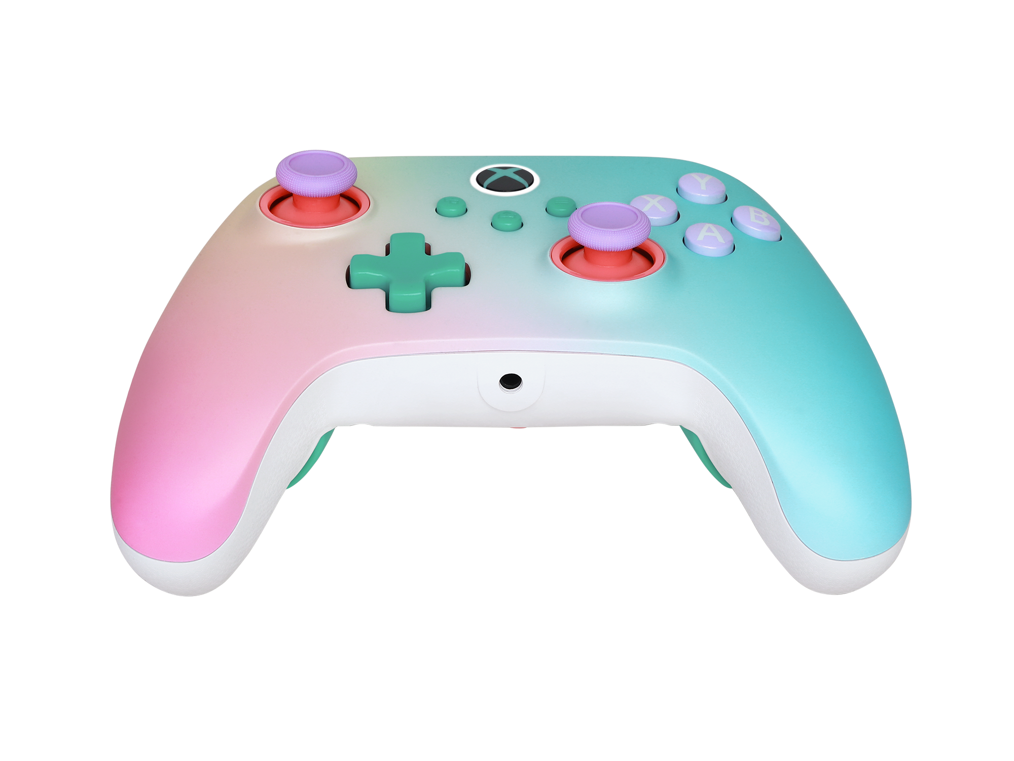 Ein Xbox-Controller mit Farbverlauf von Pink zu Türkis mit lila Knöpfen.