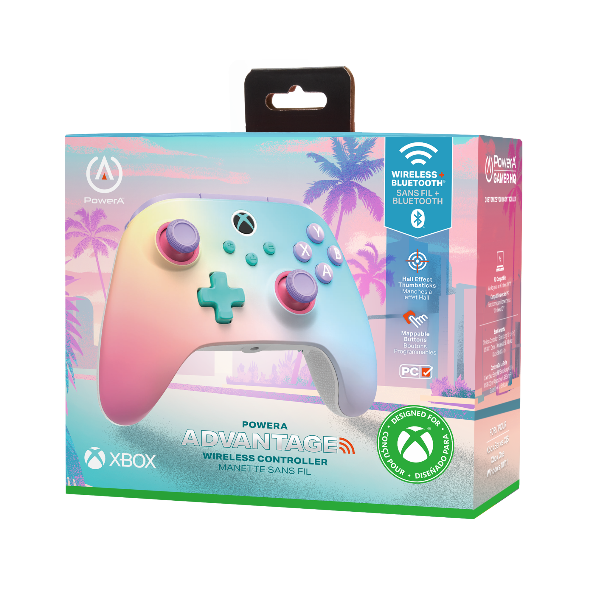 Ein bunter Xbox-Controller mit Palmen und Wolken-Design auf der Verpackung.