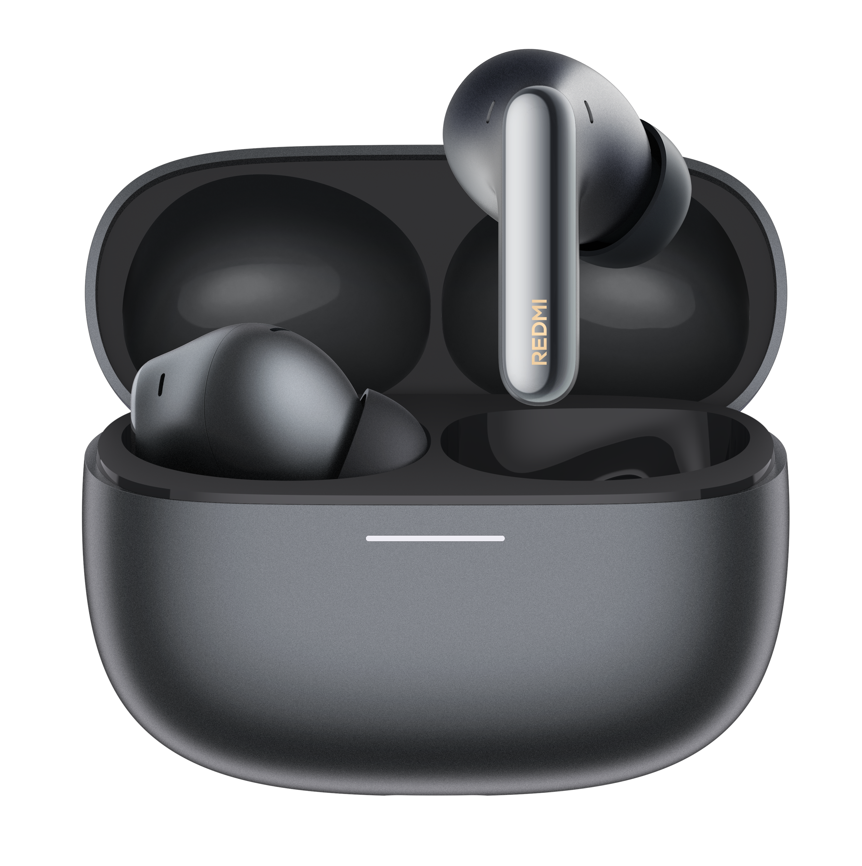 Ciemnoszare słuchawki bezprzewodowe w etui ładującym, widoczna końcówka.