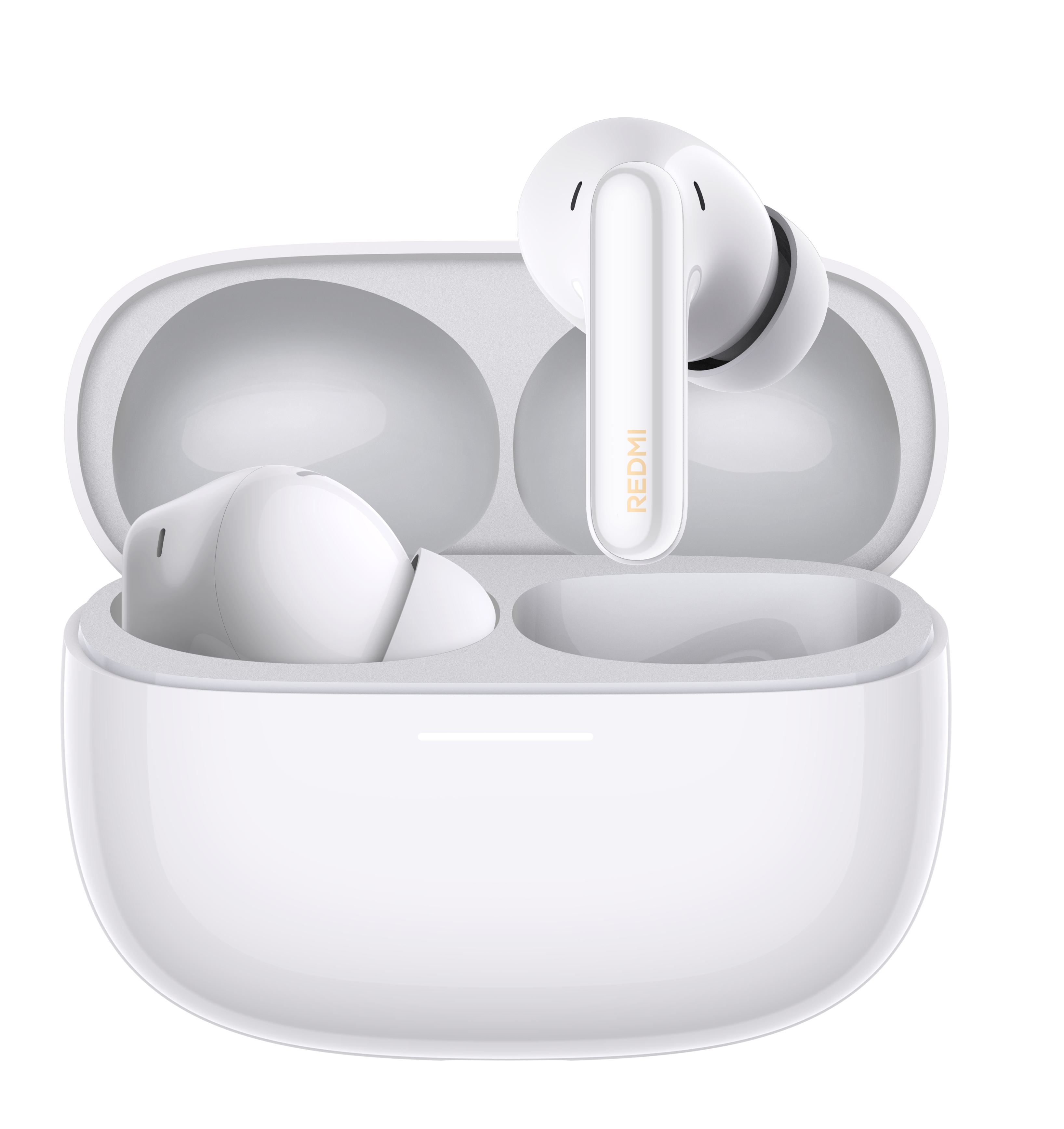 Białe słuchawki bezprzewodowe z etui ładującym, jeden słuchawka włożona.