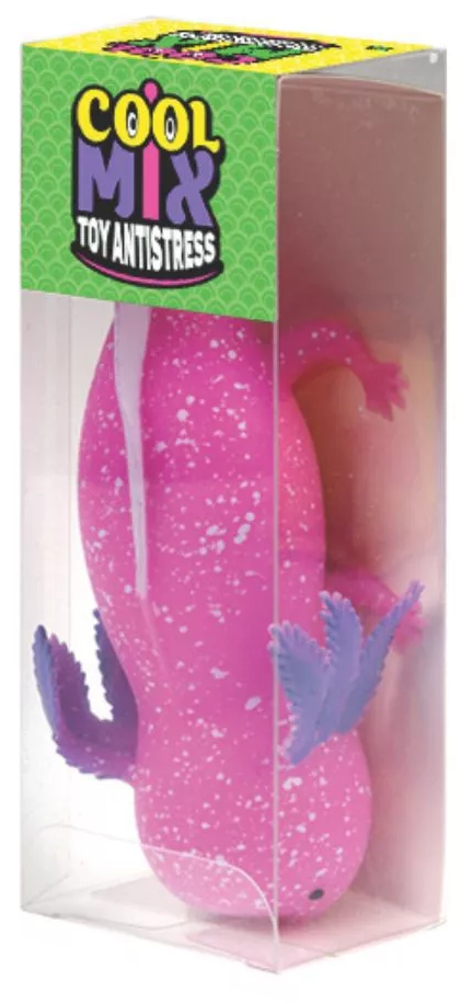 Egy rózsaszín, pettyes axolotl squishy játék átlátszó csomagolásban.
