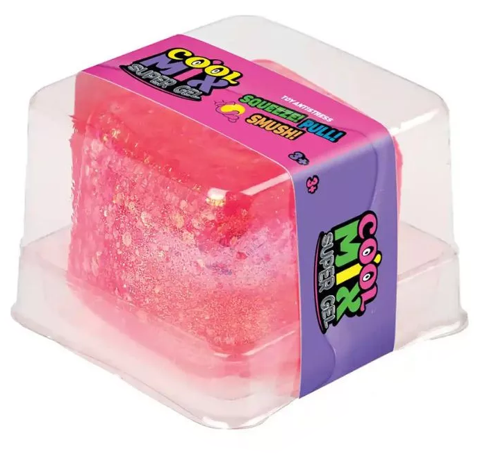 Rózsaszín, csillogó squishy kocka "Cool Mix Super Gel" felirattal.