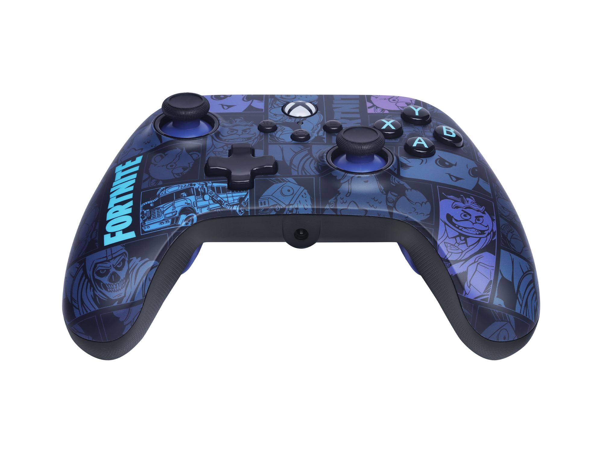 Fortnite Xbox Controller mit Comic-Grafiken in Blau und Lila auf schwarzem Hintergrund.