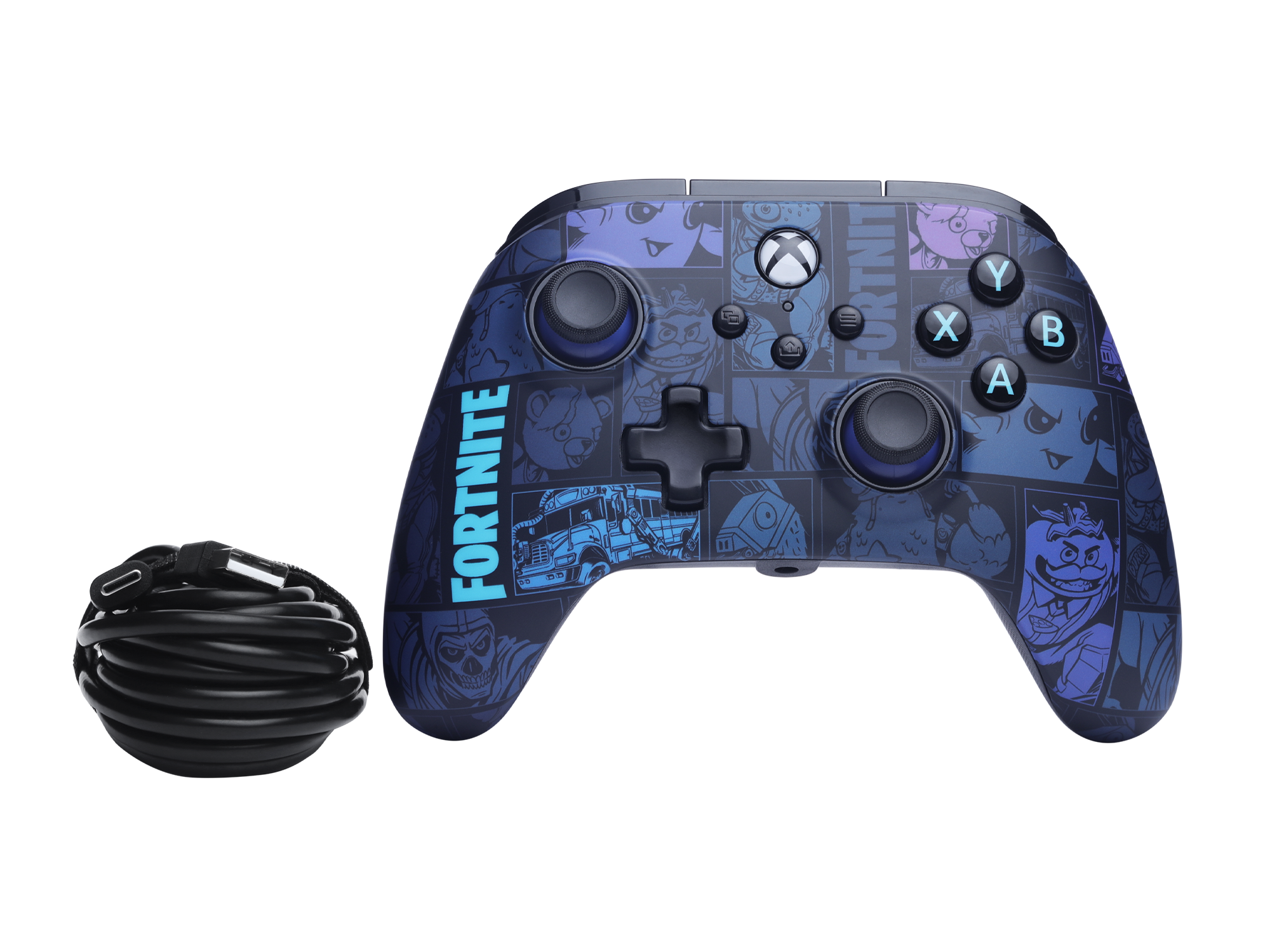 Ein blauer Xbox-Controller mit Fortnite-Motiven und ein schwarzes Kabel.