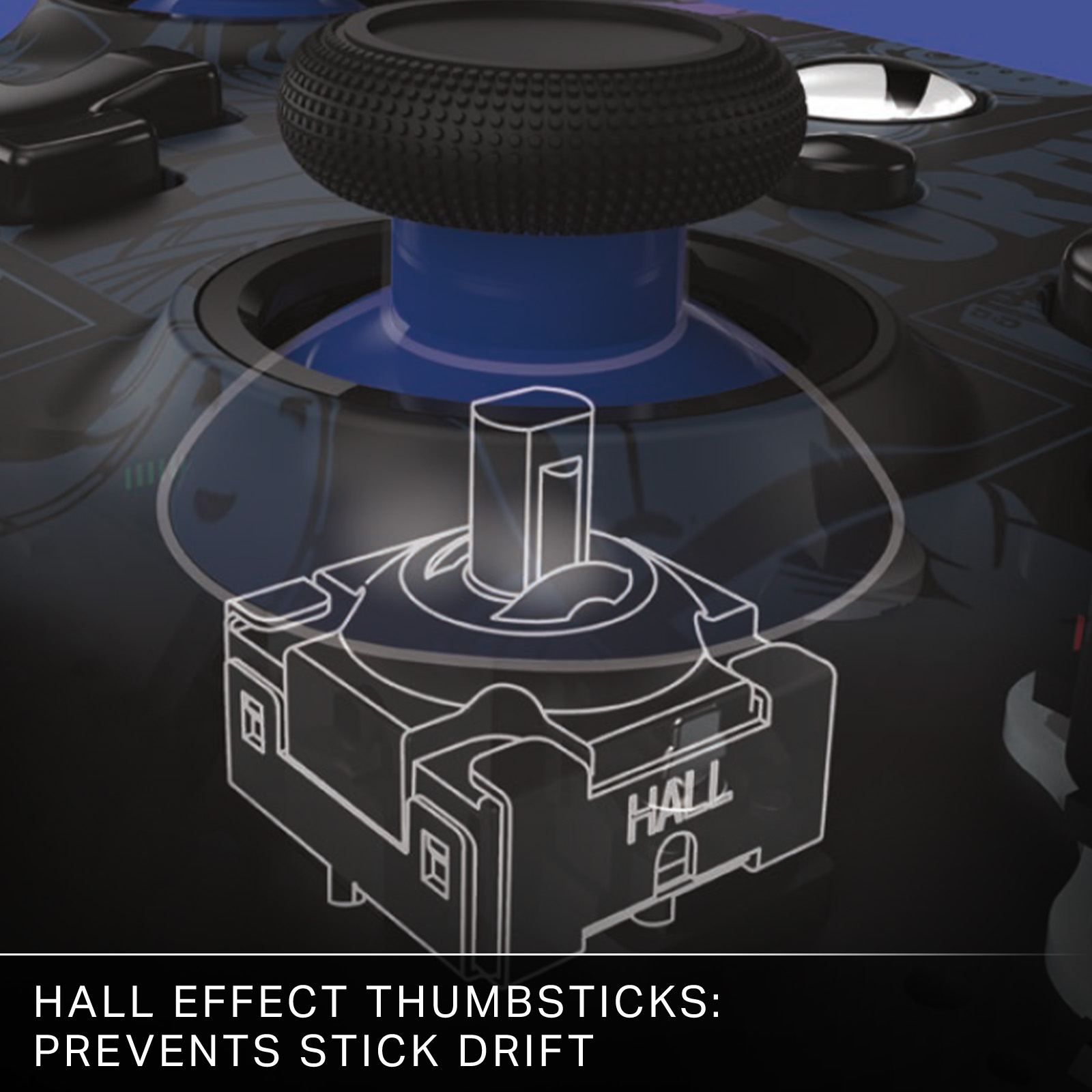 Detailansicht eines Controllers mit Hall-Effekt-Thumbsticks.