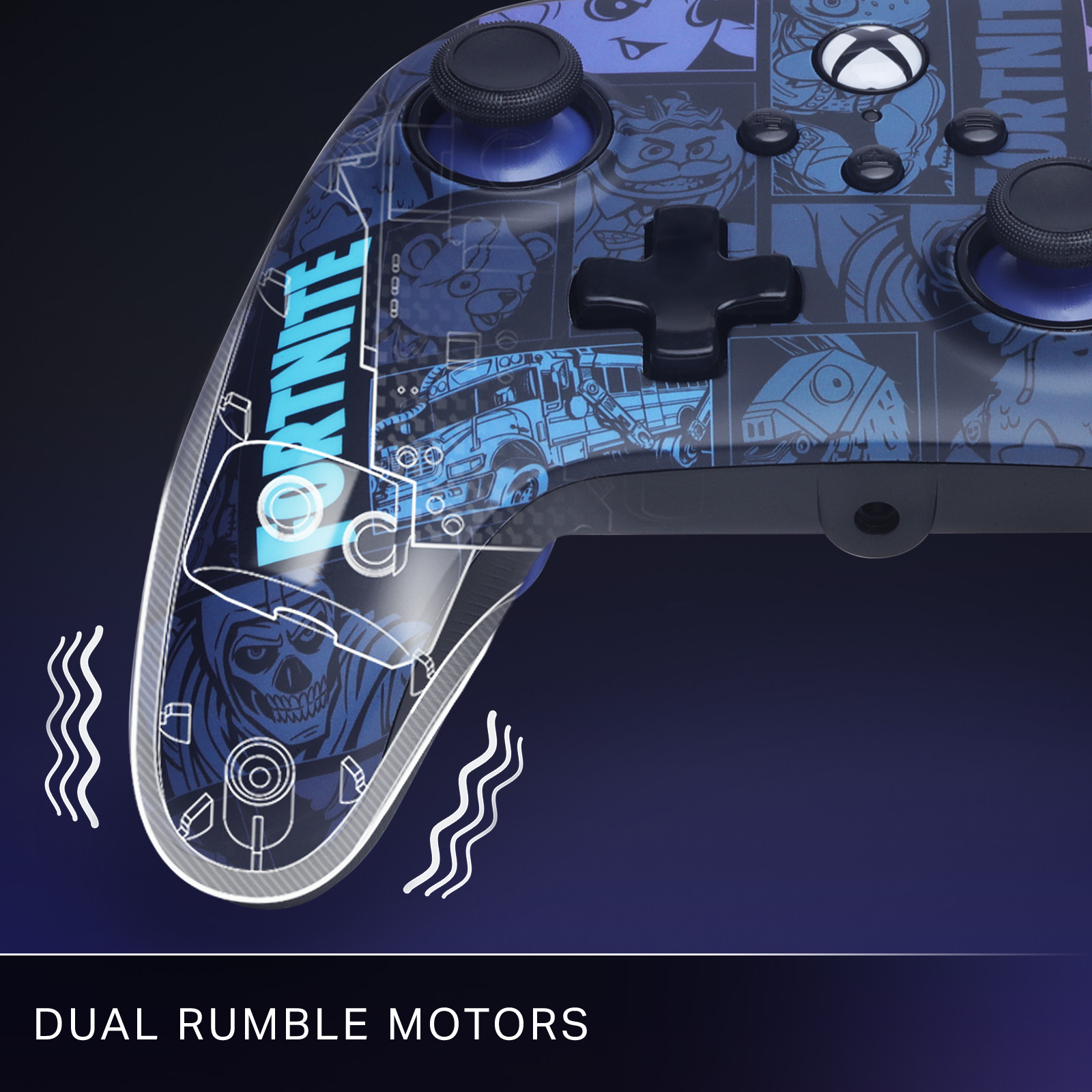 Ein blauer Xbox-Controller mit Fortnite-Design, der Rumble-Motoren zeigt.