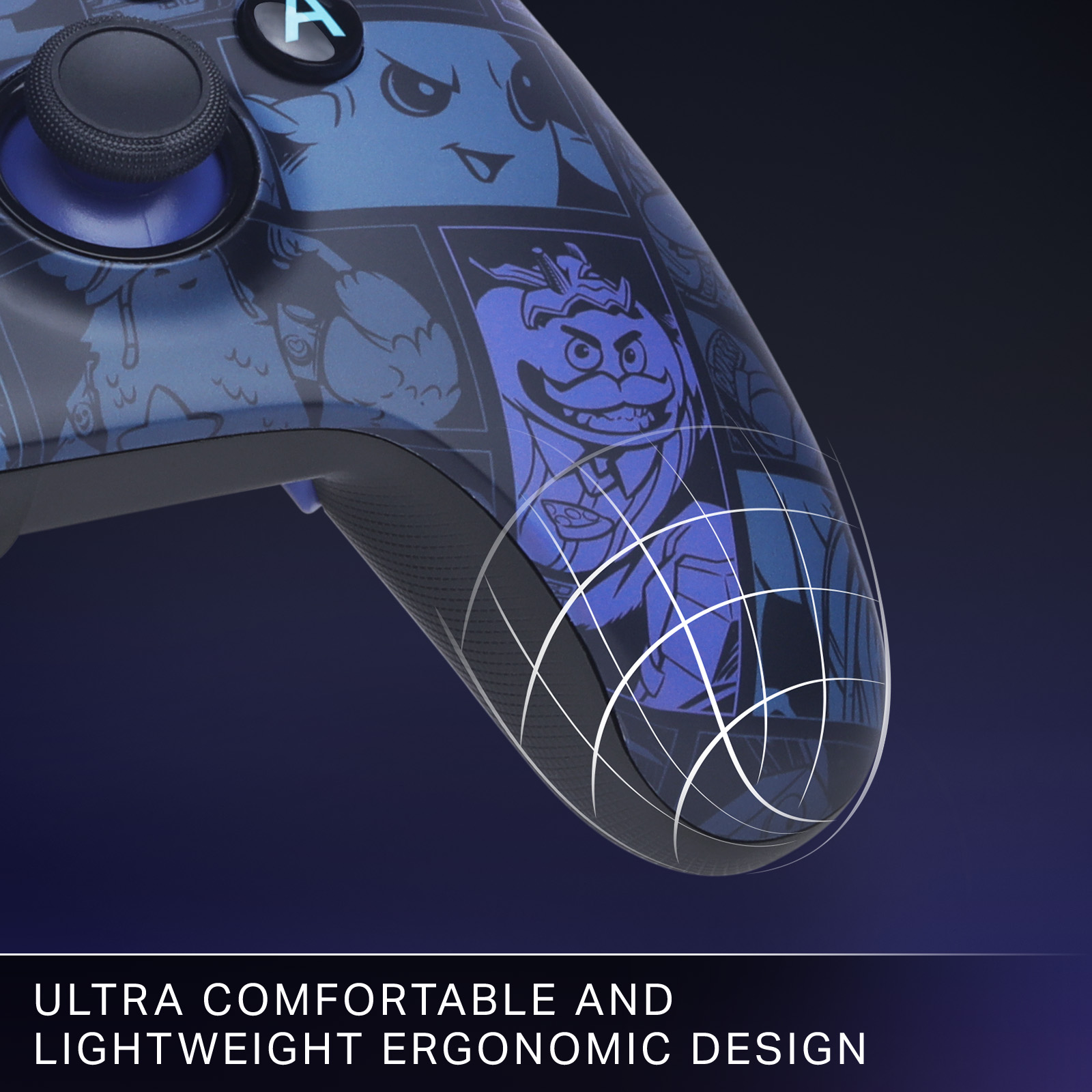 Ein blauer Controller mit Comic-Figuren-Aufdruck und einem stilisierten Gitter.
