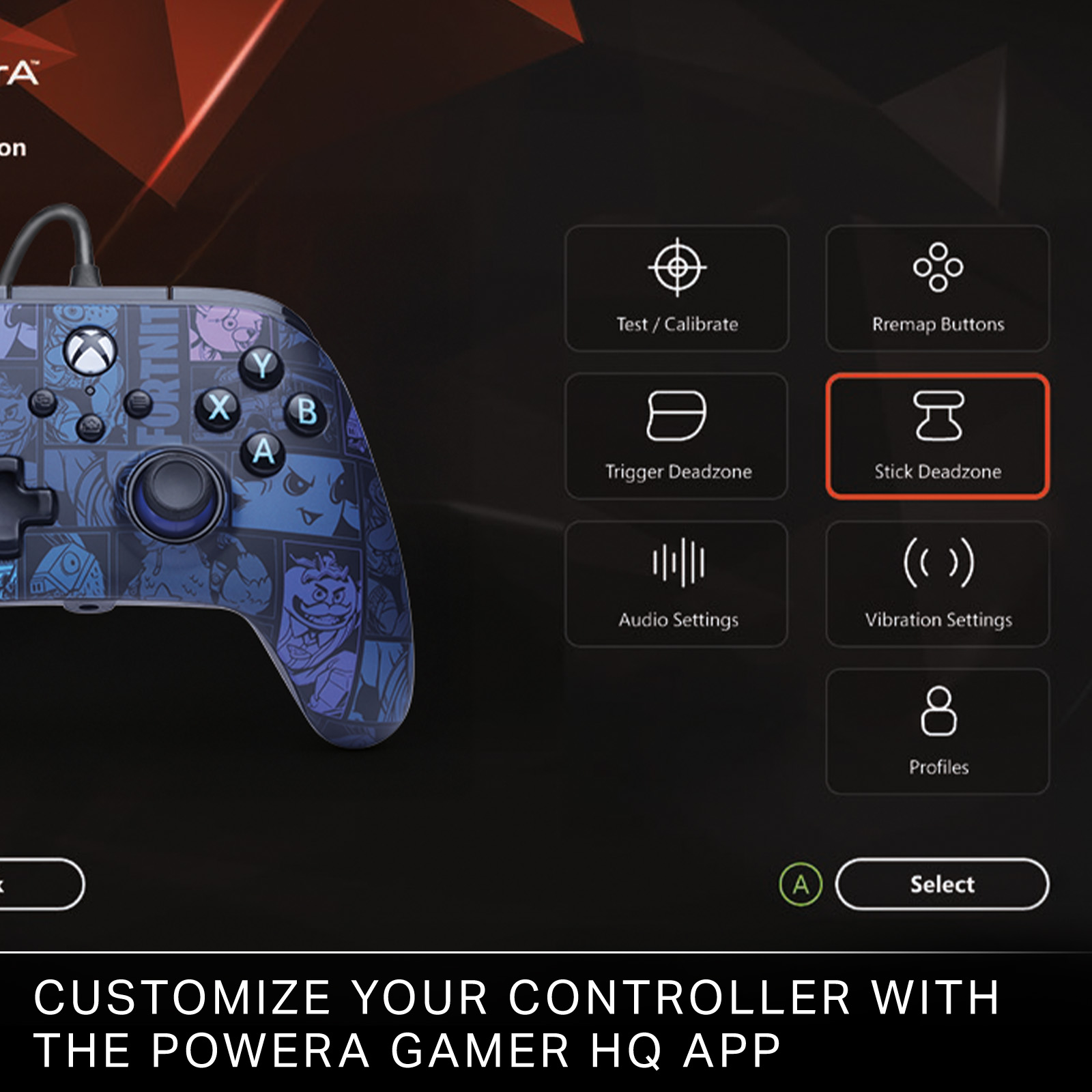 Ein Fortnite-Controller wird mit einer App-Oberfläche mit Anpassungsoptionen gezeigt.