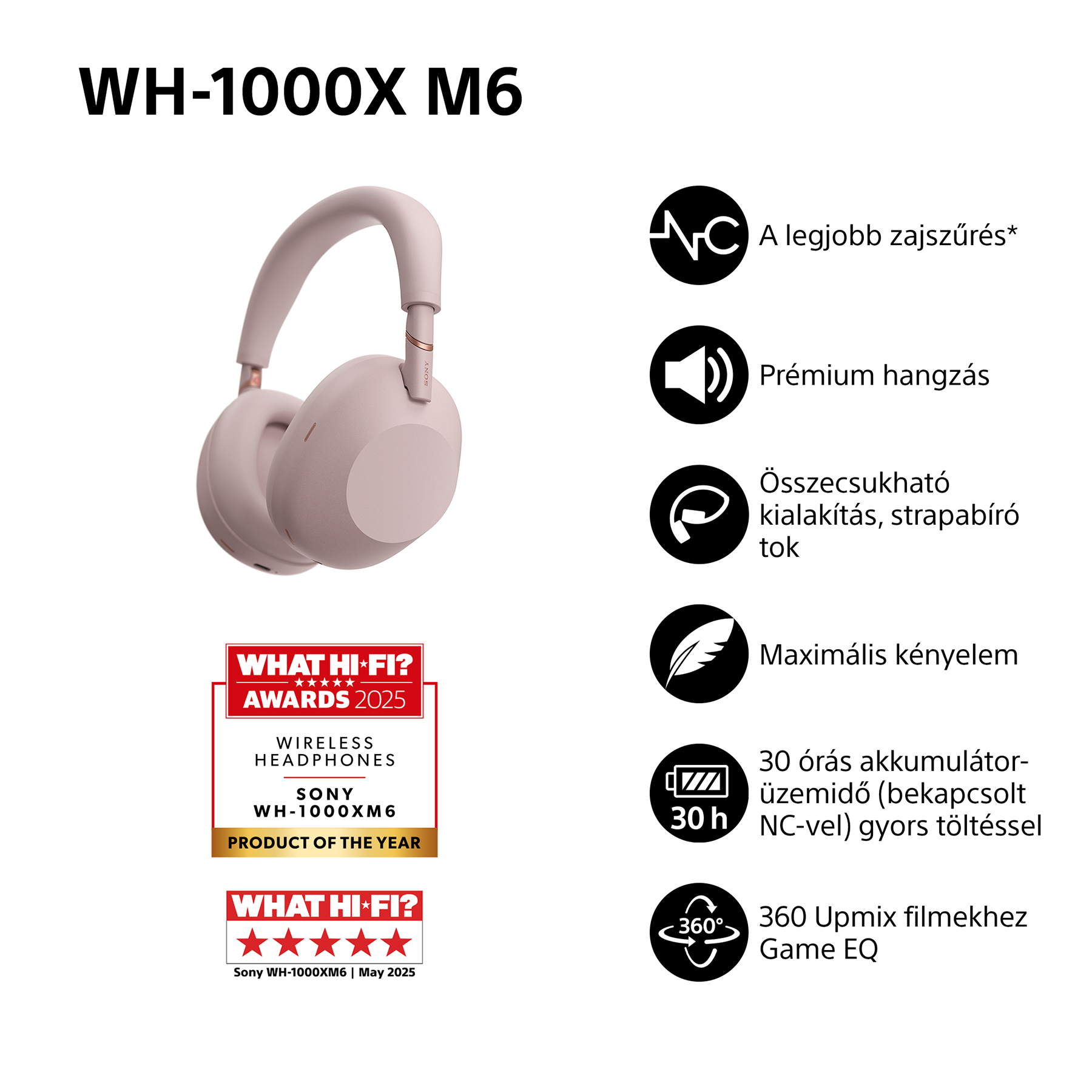 Rózsaszín fejhallgató zajszűréssel és What Hi-Fi? díjakkal.
