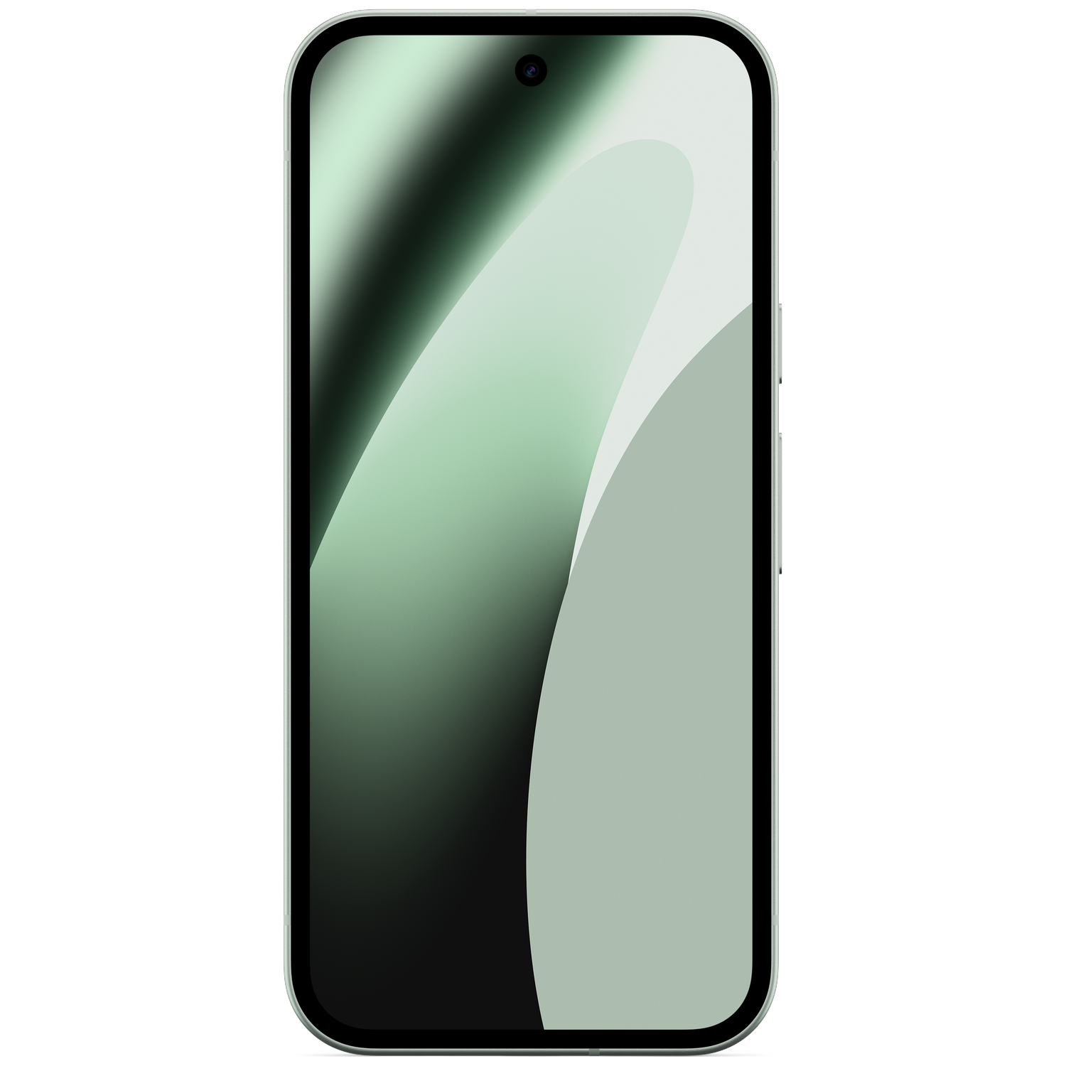 A light gray smartphone with a rounded screen and a dark background.